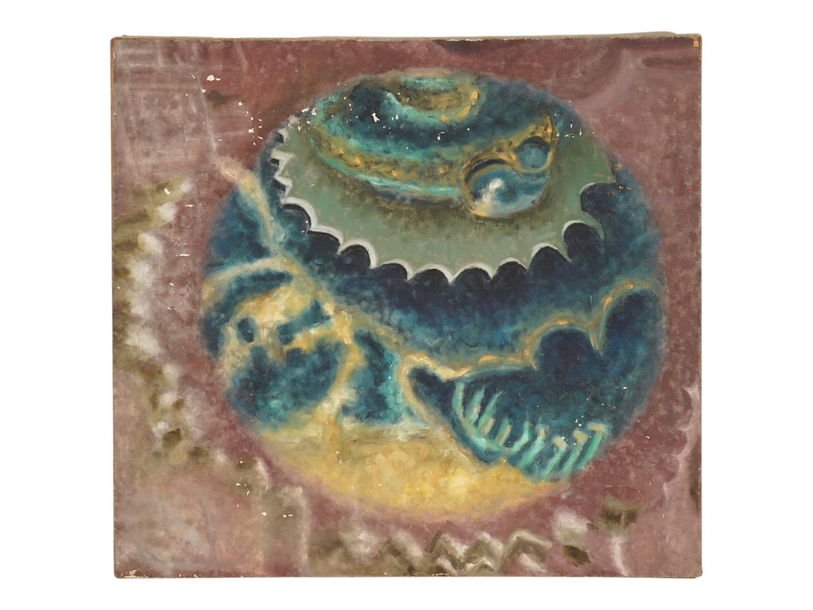 AMERICAN OIL ABSTRACT PAINTING ATTR ELSIE JECT KEY: A vintage oil on canvas biomorphic abstract painting attributed to American artist Elsie Ject Key. The painting features a central circular planet motif with scalloped edges rendered in shades of teal