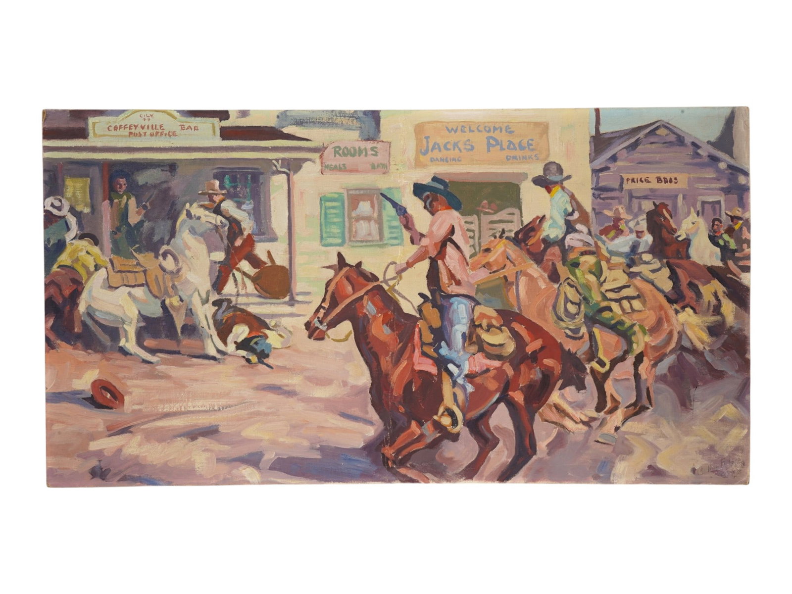 DUTCH AMERICAN OIL PAINTING ATTR CORNELIUS VAN FULPEN: A vintage oil on masonite Western painting attributed to Dutch American artist Cornelius Van Fulpen, 1905 to 2018. Signed and dated 1957 in pencil lower right. A paper note with the title The Shoot Ou