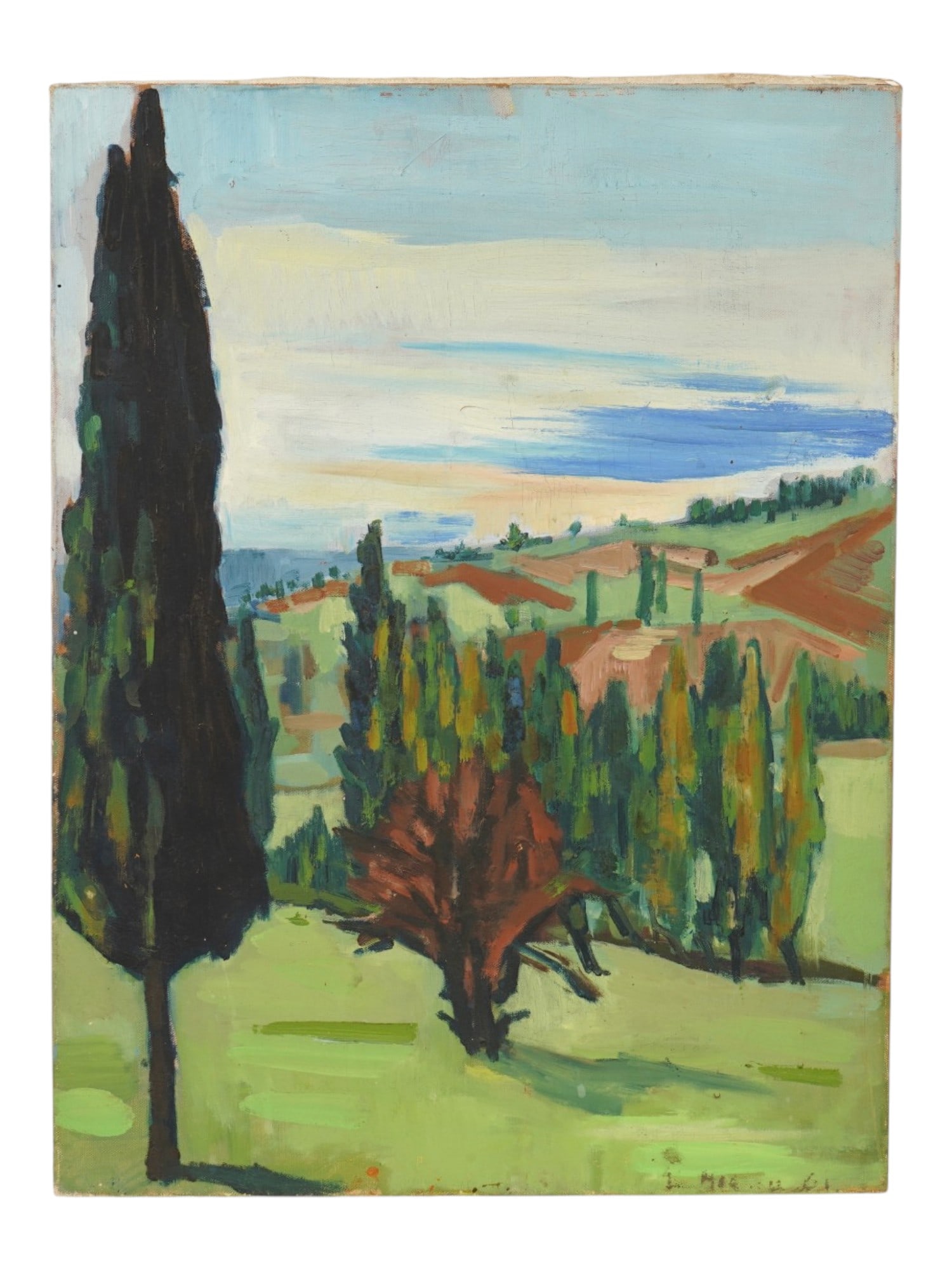 VINTAGE MID CENT OIL LANDSCAPE W CYPRESS PAINTING: A vintage mid century oil on canvas landscape painting. Executed in a modernist style with a palette of greens, ochres, and blues, the composition features a prominent cypress in the foreground balanc