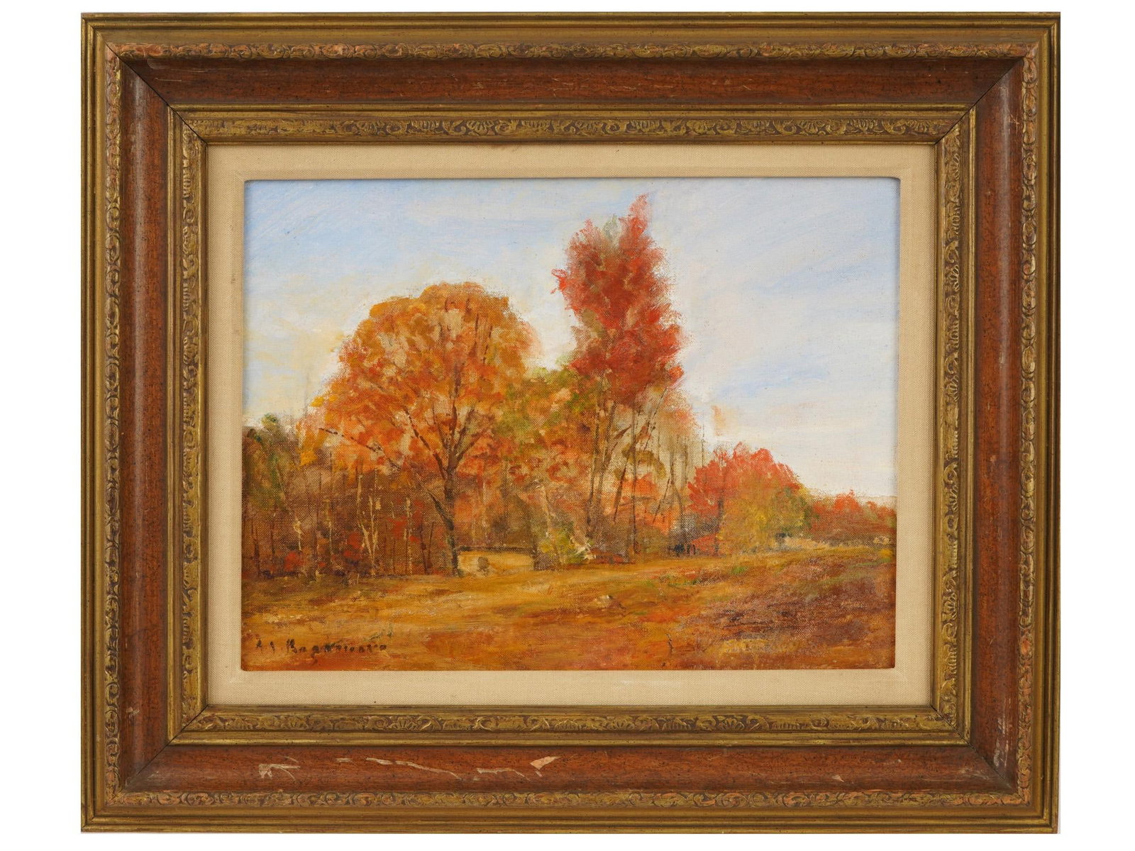 AMERICAN PAINTING SIGNED ABRAHAM BOGDANOVE: An American Impressionist landscape painting signed lower left Abraham Jacob Bogdanove, 1888 to 1946. The autumn forest scene uses warm oranges, reds, and golden yellows against a pale blue sky, execu