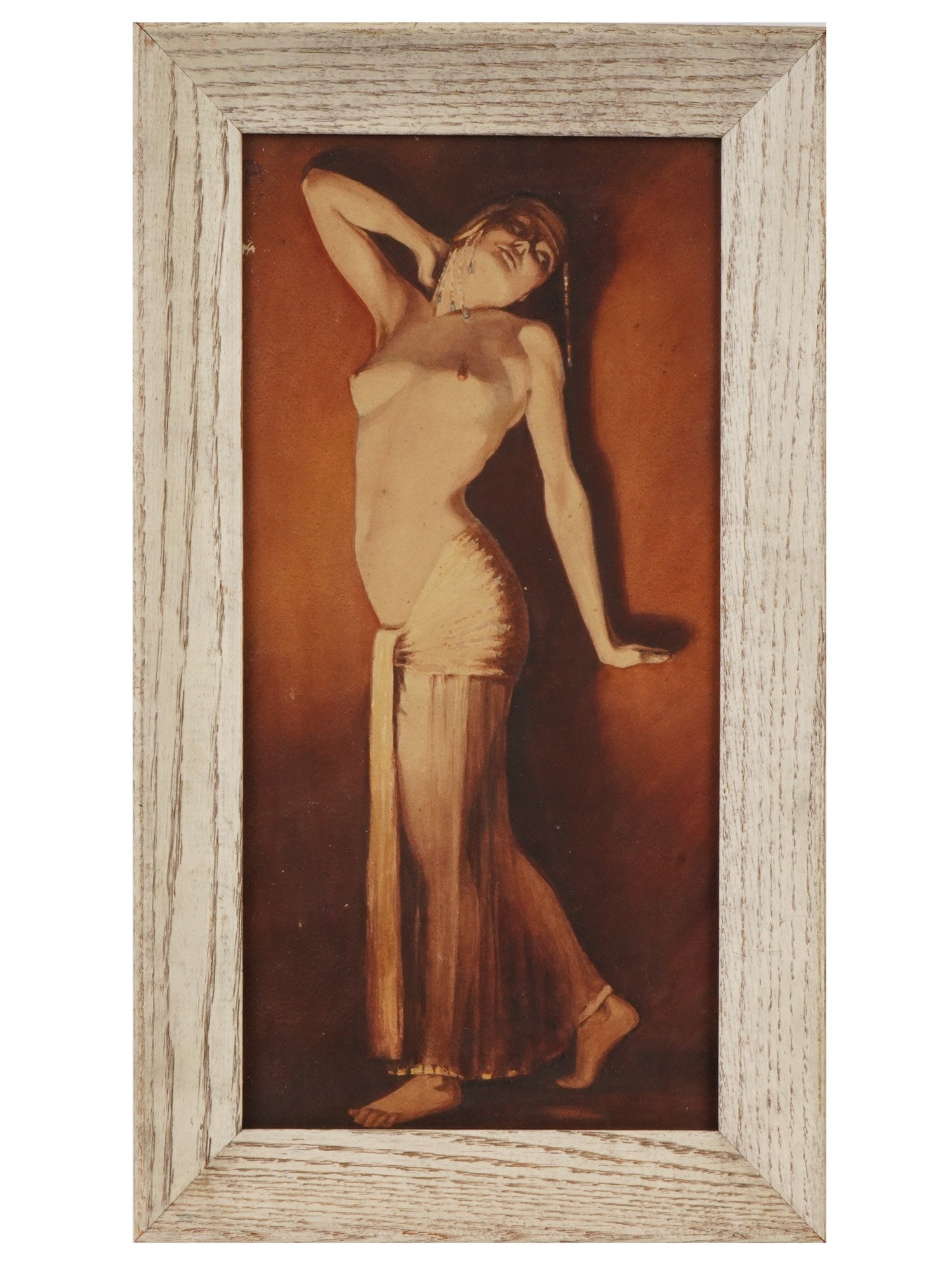 MID CENTURY PAINTING BURLESQUE DANCER BY ZOOK: A mid-century painting titled Burlesque Dancer by the illustrator Zook, in the style of the 1920s Gatsby era. The cabaret figure wears a jeweled flapper headband and pleated waist skirt, rendered in w