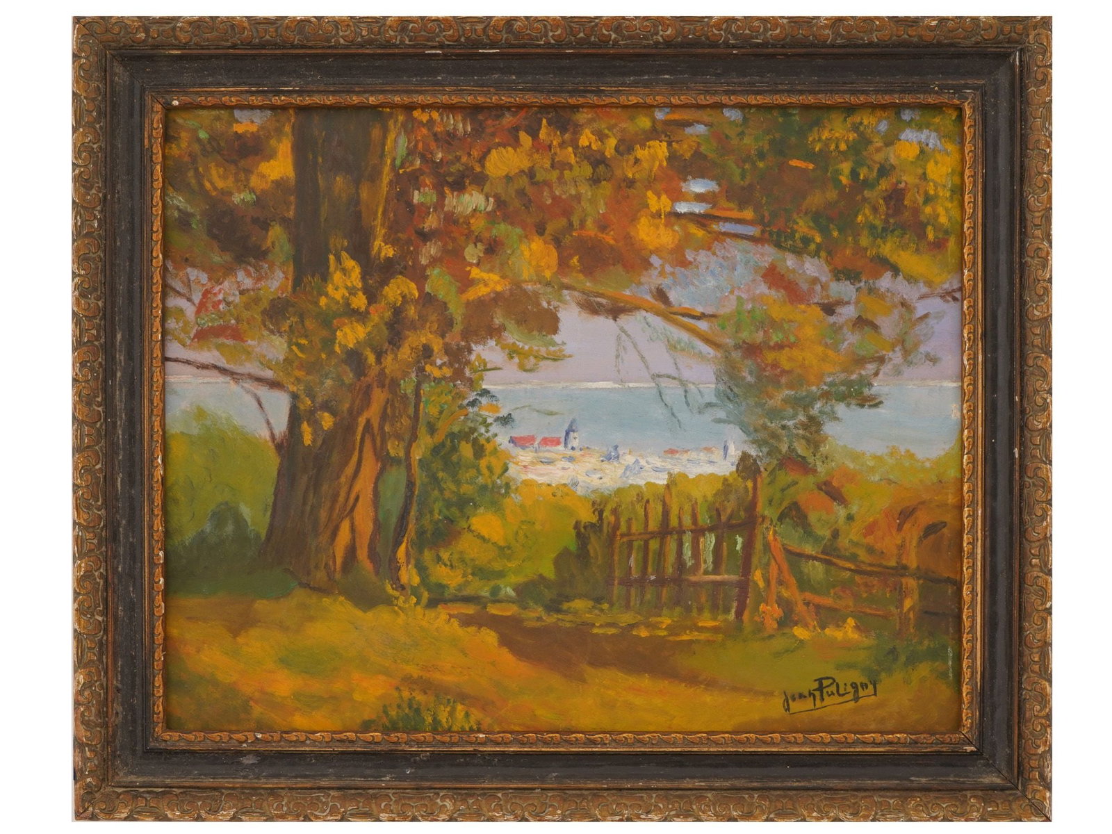 FRENCH PAINTING SIGNED JEAN PULIGNY COASTAL LANDSCAPE: A French Fauvism-inspired oil painting on paper titled Coastal Landscape signed Jean Puligny. A wooded grove with a picket fence opens onto a white-washed coastal village. Framed. French Paintings And