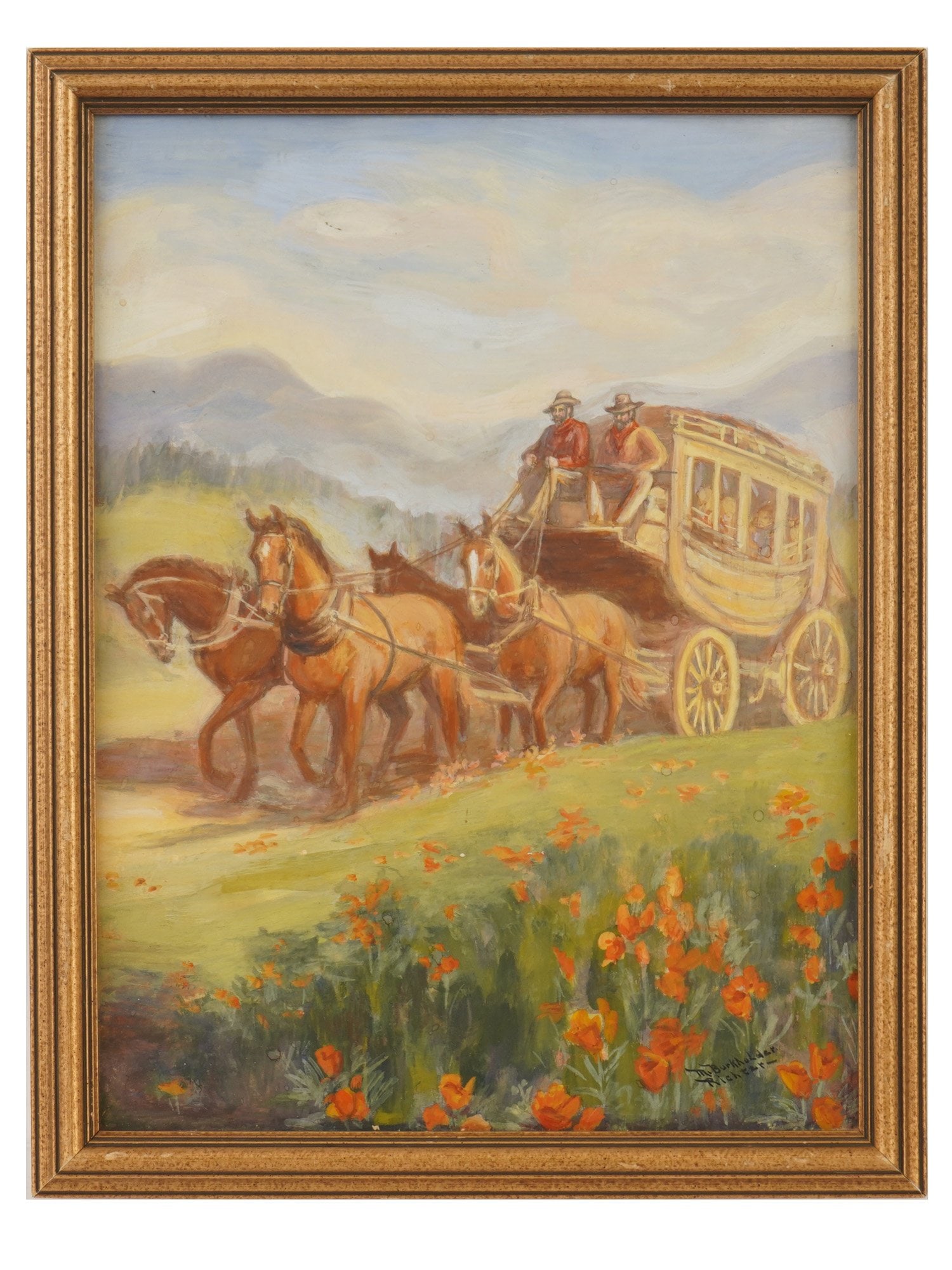 RURAL GOUACHE PAINTING SIGNED BURKHOLDER RICHTER: A gouache painting on paper depicting a rural scene with a horse drawn stagecoach led in a field. Signed, M. Burkholder Richter, lower right. Framed. Madeline Anita Burkholder Richter, 1895 to 1981, w