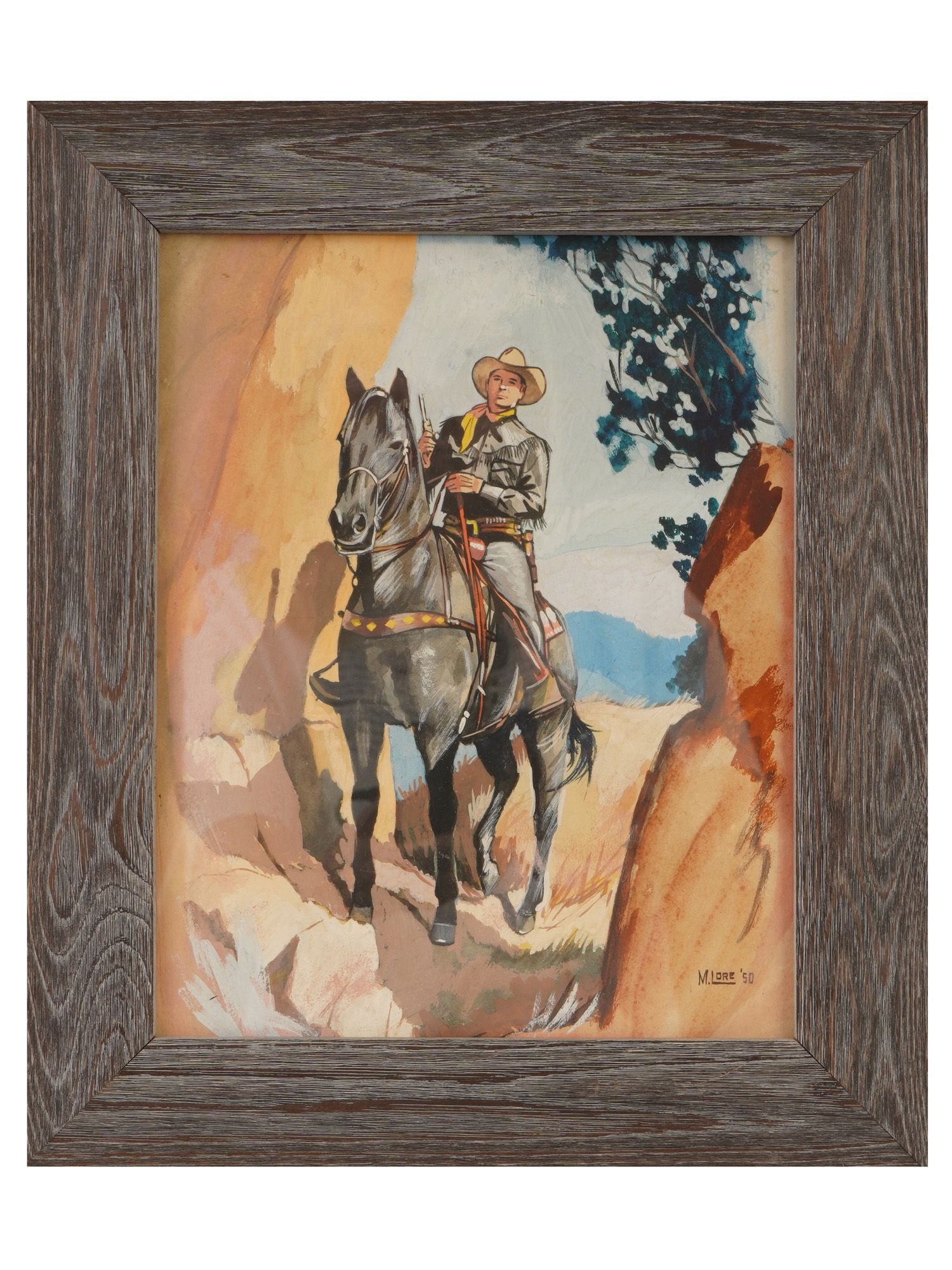 AMERICAN ILLUSTRATION ACRYLIC PAINTING SIGNED BY ARTIST: An American illustration acrylic painting on cardboard, Cowboy on in Pass, 1950. Signed by the artist, M. Lore and dated 50, lower right. Framed. Mid Century and Modernist American Fine Art, Genre Sce