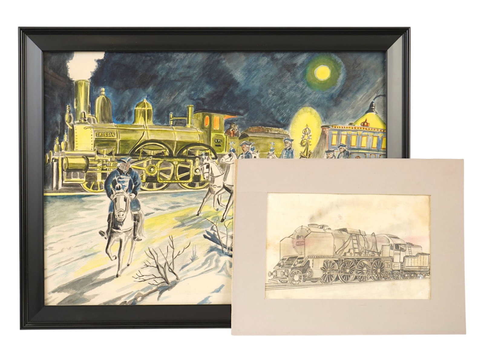 PAIR OF VINTAGE STEAM TRAIN PAINTINGS ON PAPER (1 of 7)