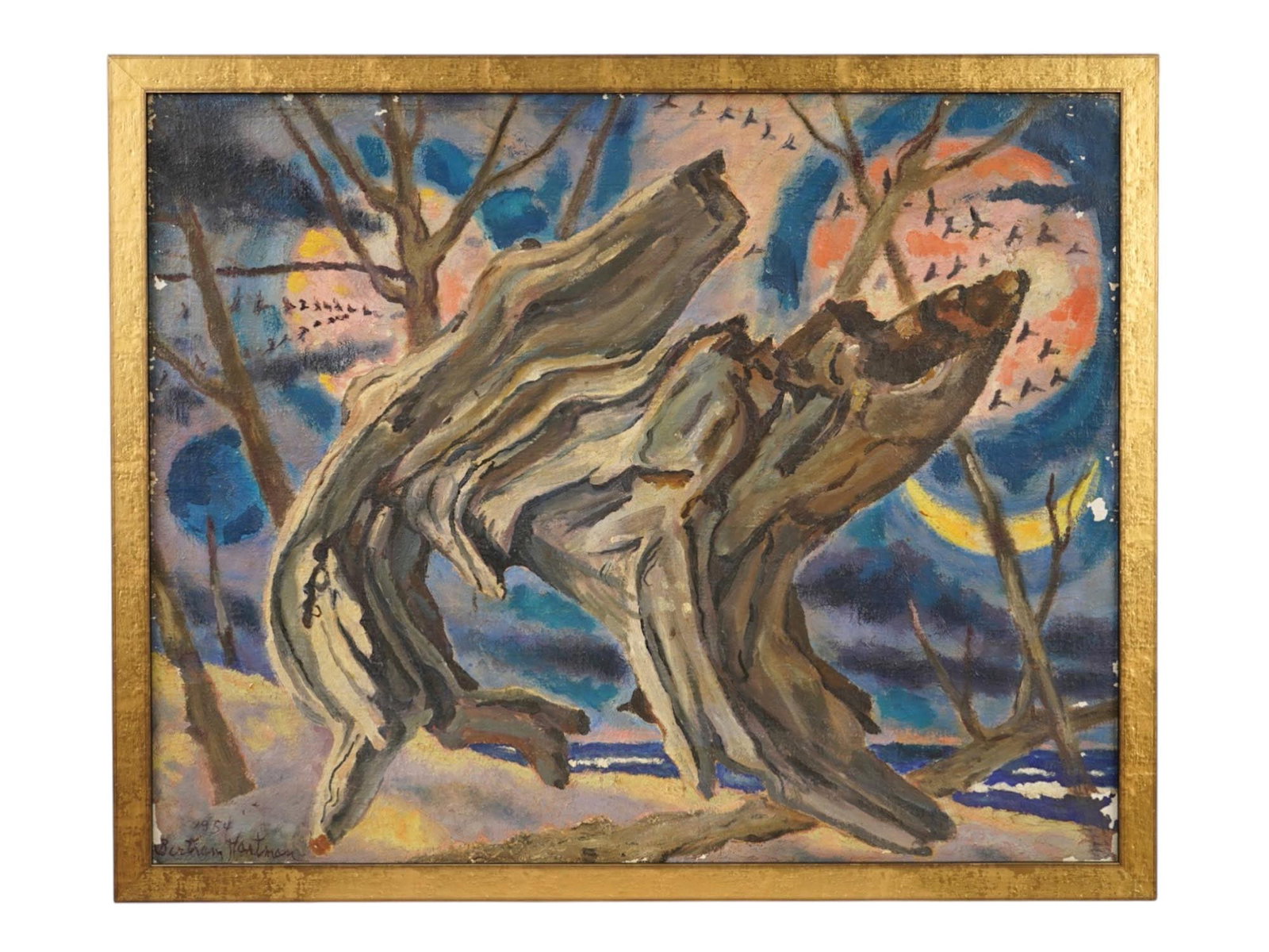 AFTER C. BERTRAM HARTMAN AMERICAN PAINTING: After C. Bertram Hartman, American, 1882 to 1960, Deadwood at Night, an oil painting on canvas, signed and dated 1954 lower left. Depicts twisted deadwood against a night sky with bare winter trees, a