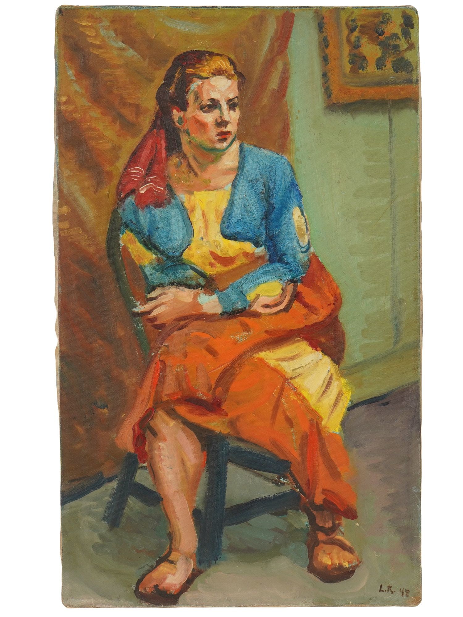 AMERICAN FEMALE PORTRAIT OIL PAINTING SIGNED: Oil painting on canvas. American school. Studio study of a seated female figure. Titled Lady oooo. Signed L.R. and dated NYC, 1948 lower right and on the backside. Unframed. Collectible Fine Art, Figu