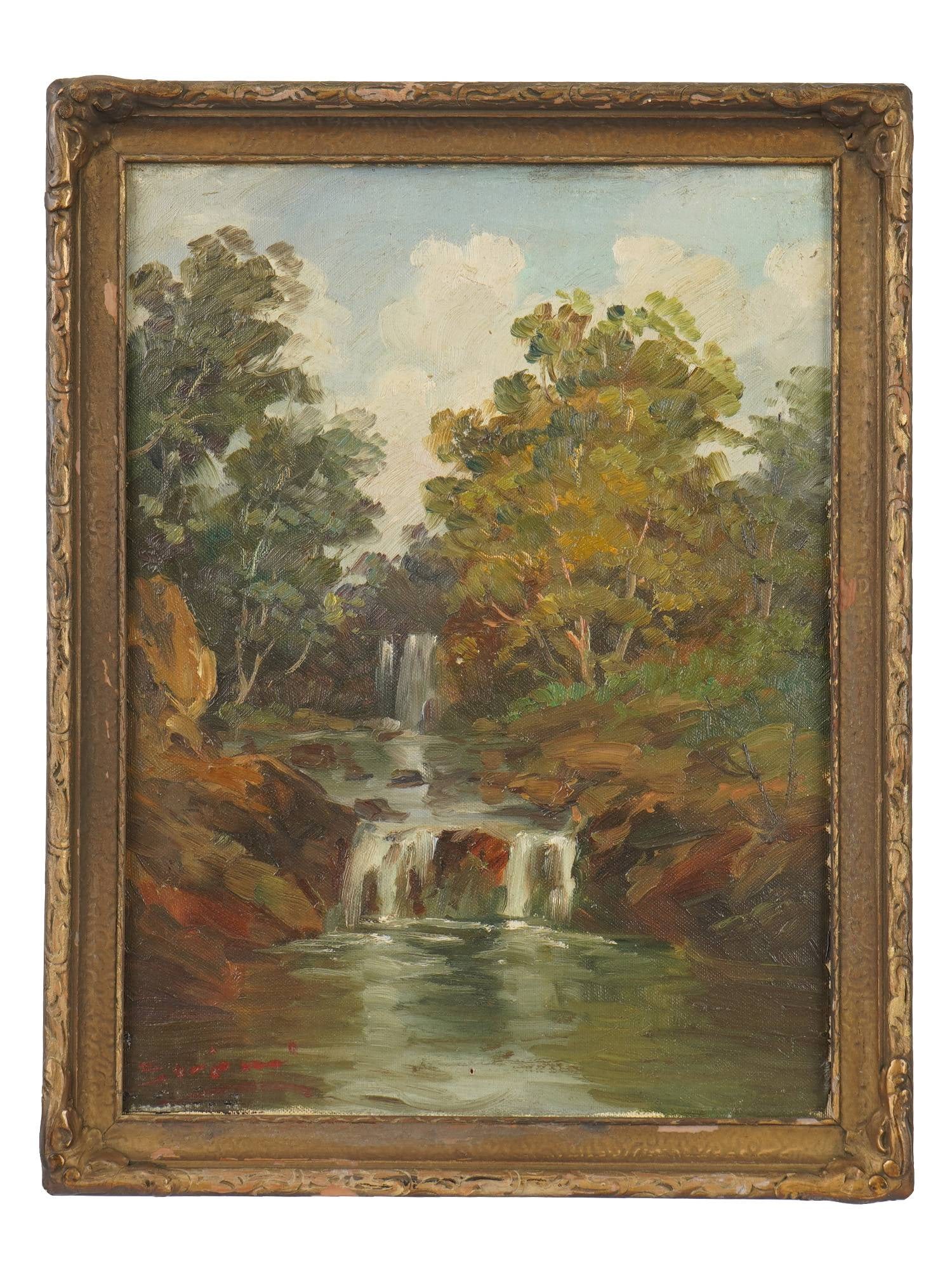 ATTR TO SUEO SERISAWA LANDSCAPE OIL PAINTING: Attributed to Sueo Serisawa, Japanese-American, 1910 to 2004, oil painting on canvas. View of a waterfall. Illegibly signed lower left. Undated. Framed. Sueo Serisawa was a Modernist artist associated