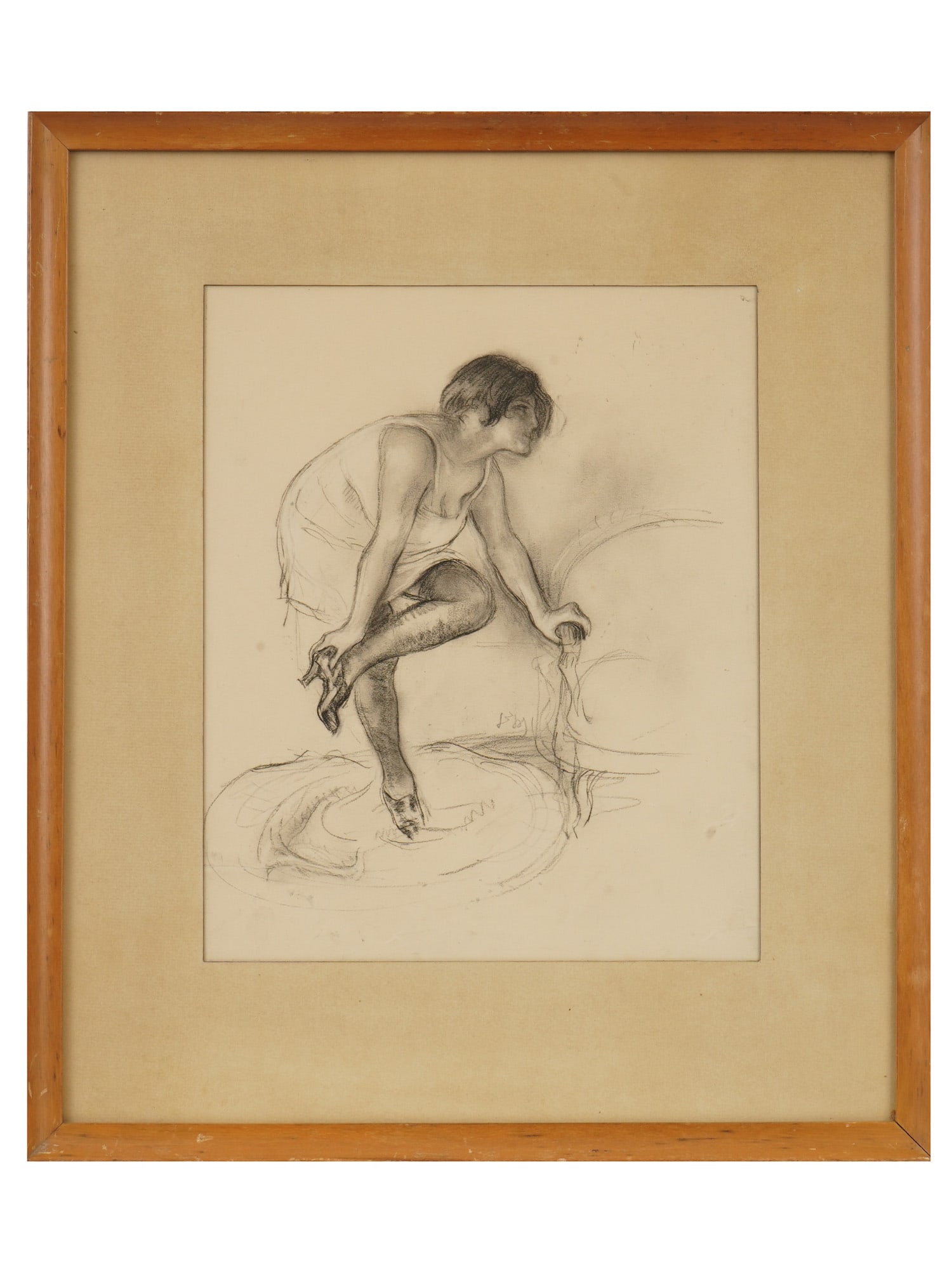 AMERICAN SCHOOL FEMALE PORTRAIT GRAPHITE DRAWING: Graphite drawing on paper. American school. Sketch of a woman in a nightgown adjusting her shoes. Unsigned. Undated, ca. 1930s. Framed. Collectible Graphic Art, Portraiture, Erotica, Figurative Painti