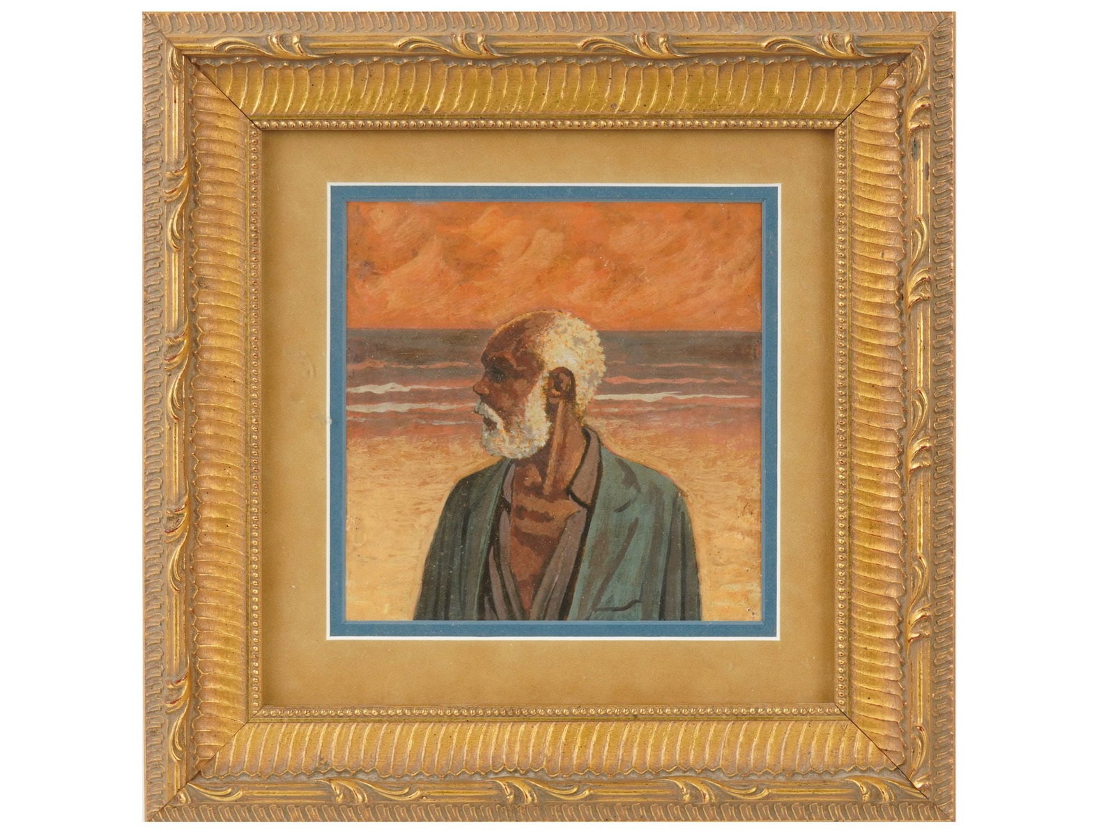 MODERN BRAZILIAN PORTRAIT PAINTING D. BRANCO 2000: A modern Brazilian oil painting on paper depicting a portrait of an elderly man with a full white beard, shown in profile against a coastal seascape at dawn or dusk, waves rolling beneath a warm, glow