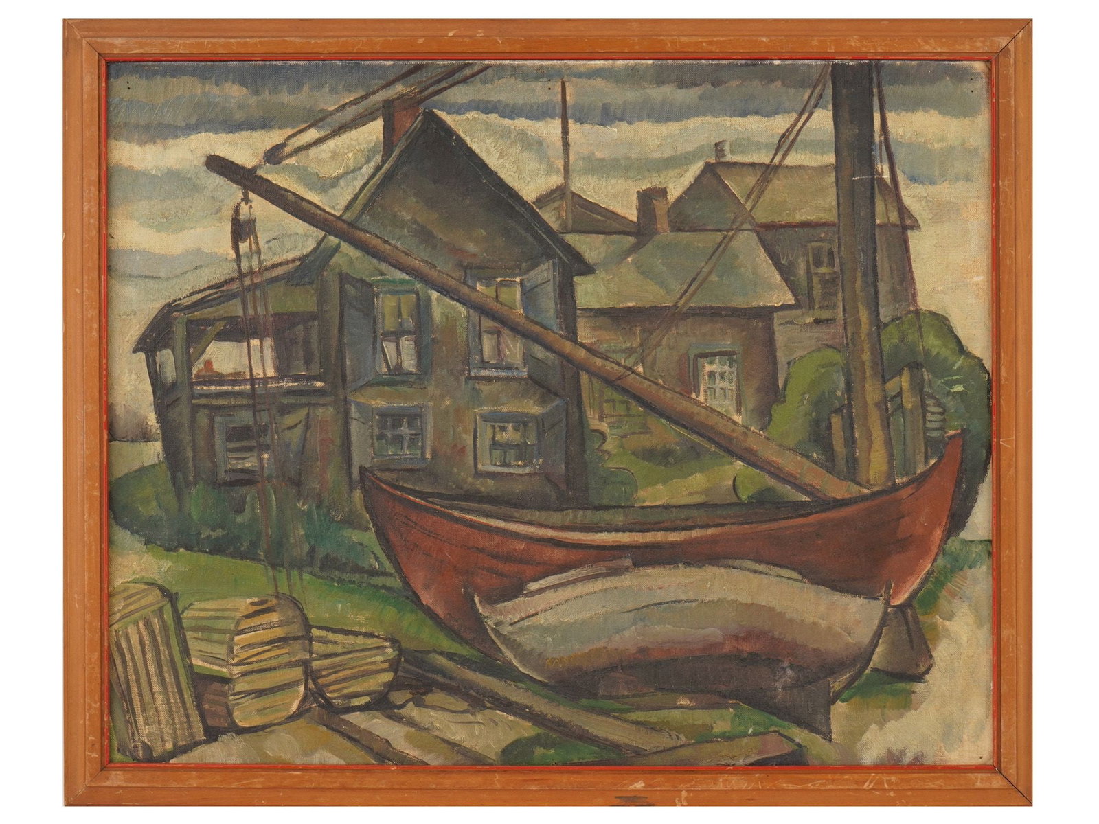 MID CENTURY EXPRESSIONIST PAINTING OF A HARBOR SCENE (1 of 4)