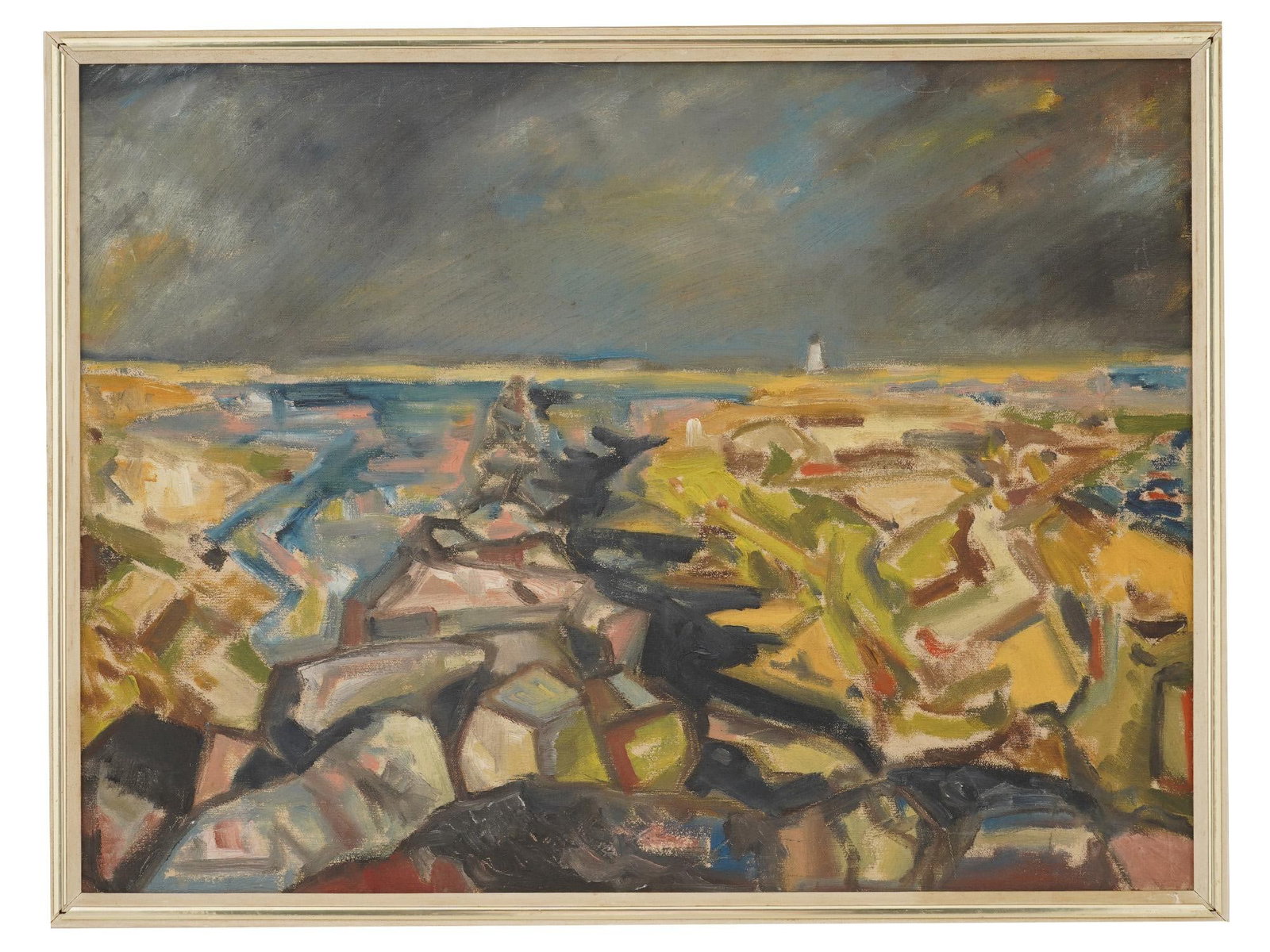 MID CENTURY COASTAL LANDSCAPE PAINTING BY S. JACOBS: A mid-century expressionist coastal landscape oil painting on canvas, viewed from a rocky vantage point over a stone breakwater toward a distant lighthouse against a churning sea. Framed. Signed, S. J