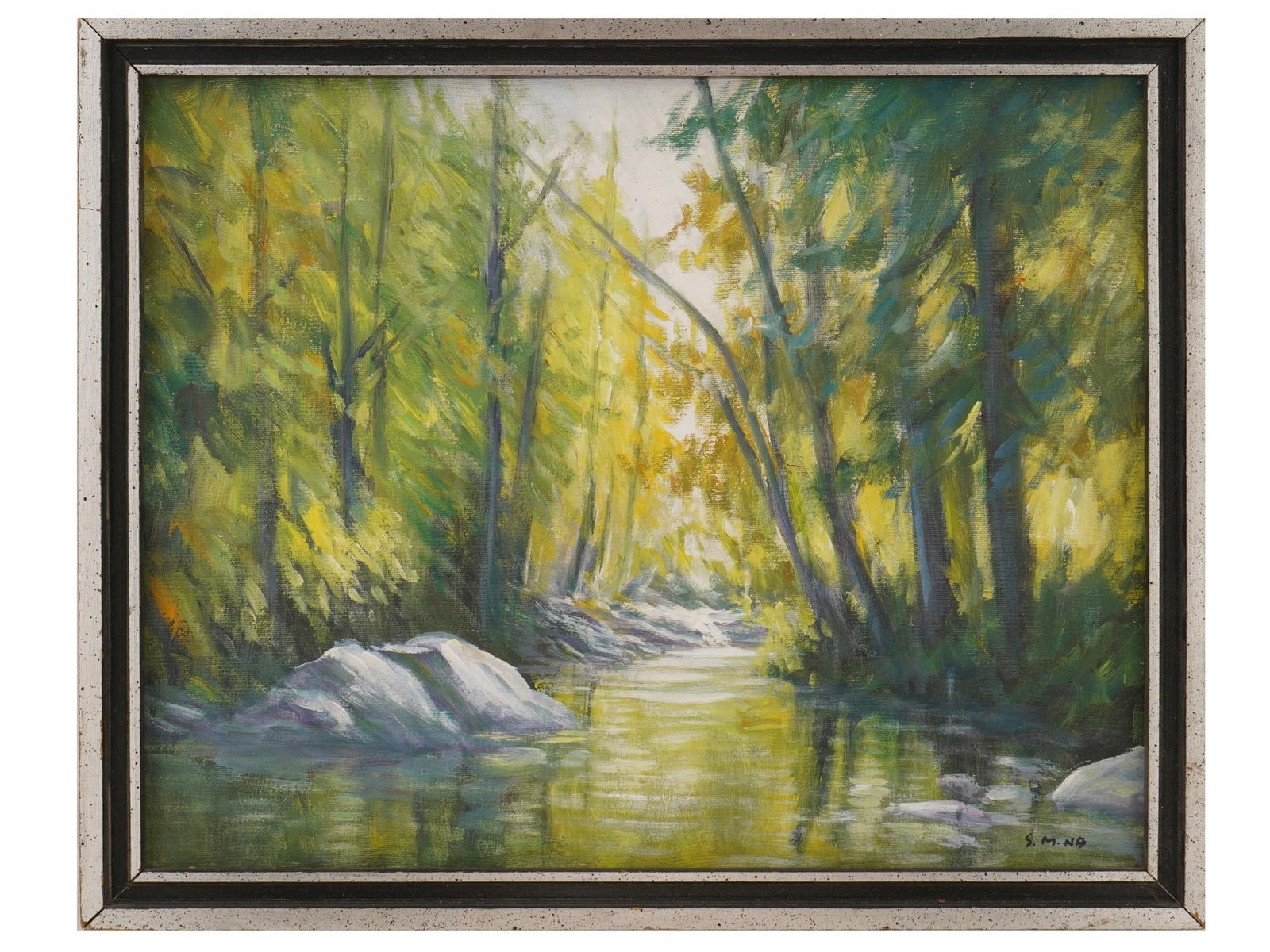 MID CENTURY LANDSCAPE PAINTING SUNLIT FOREST STREAM (1 of 4)