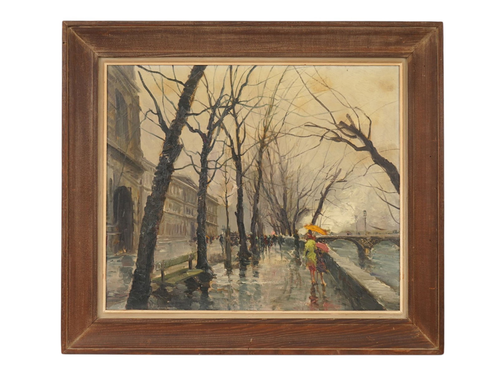 MID CENTURY PAINTING BY VLADIMIR LAZAREV PARIS SCENE: A mid-century Post-Impressionist oil painting on canvas by Vladimir Lazarev, Russian-American, 1904 to 1988. Depicting a rain-slicked boulevard along the Quai de la Seine, Paris, with a figure beneath
