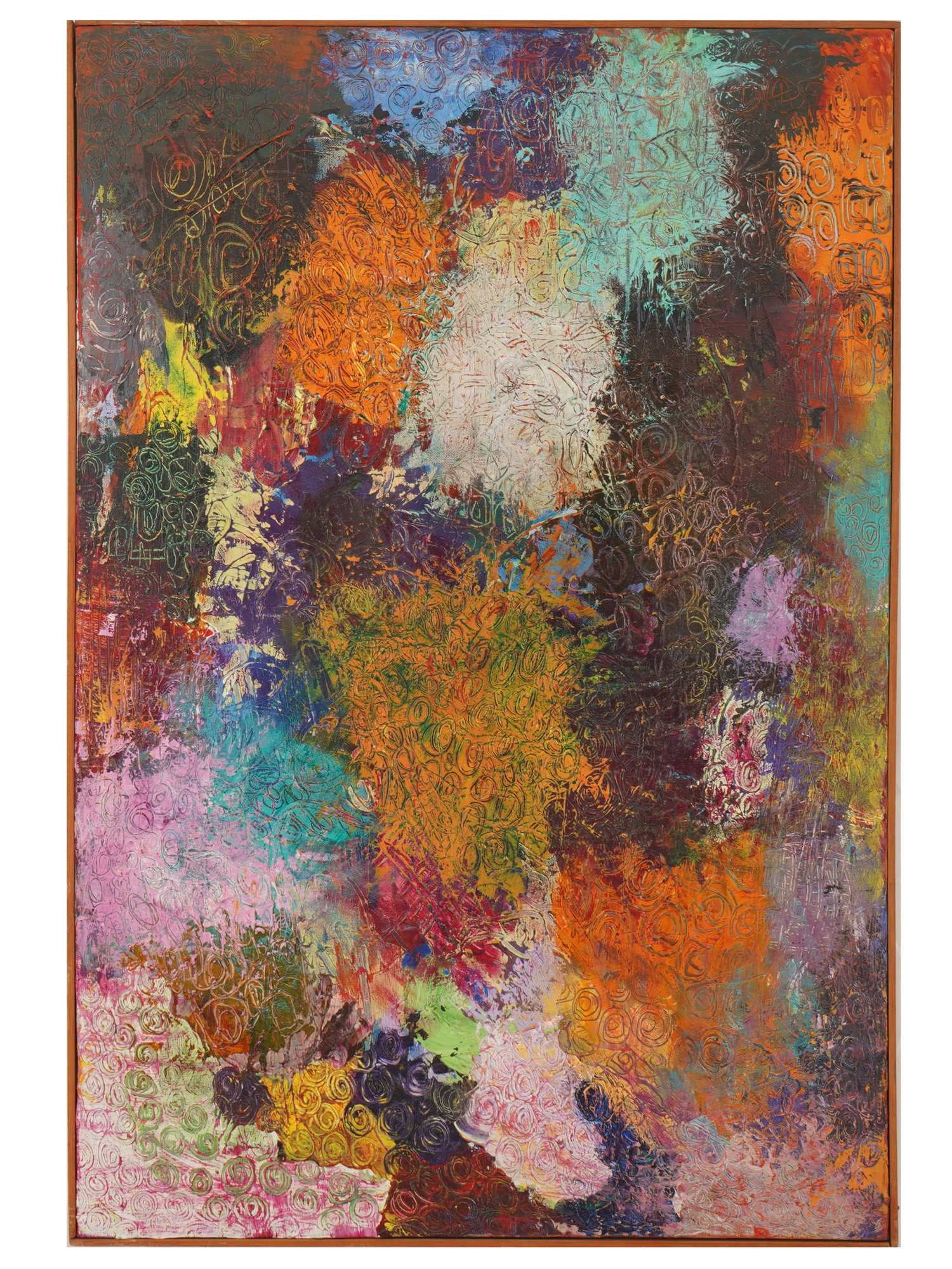 MODERN ABSTRACT EXPRESSIONIST PAINTING BEDSPINS: A modern abstract expressionist oil painting on canvas, titled Bedspins and dated 2004. The composition features dynamic spiral forms conveying movement and visual tension, and is signed, titled, and 