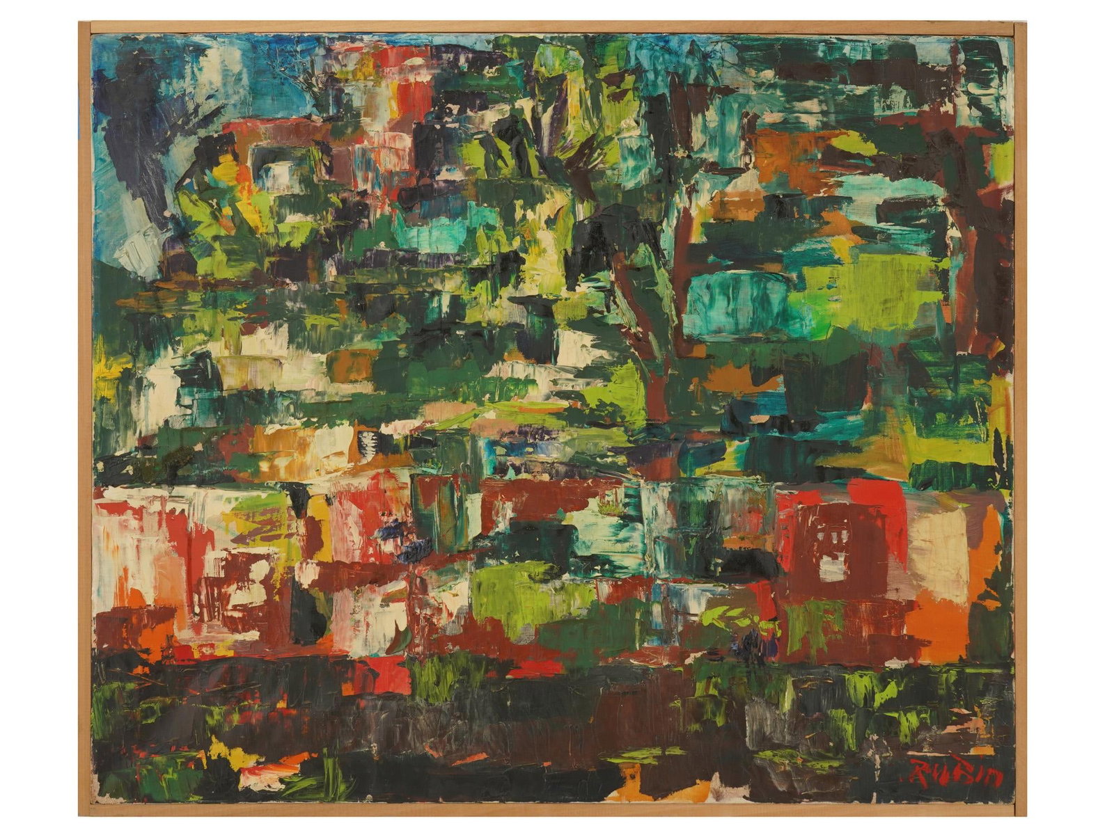 MICHAEL RUBIN ABSTRACT EXPRESSIONIST LANDSCAPE PAINTING: Michael Rubin, American, born 1946, oil painting on canvas. Abstract landscape composed of large impasto strokes created with the use of palette knife. Signed lower right and on the backside. Undated.