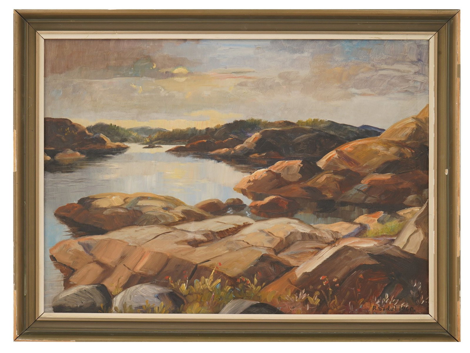 RAGNVALD SODAL NORWEGIAN LANDSCAPE OIL PAINTING: Ragnvald Sodal, Norwegian, 1905 to 1983, oil painting on canvas. Landscape view of a rocky river bank. Signed and dated 1960 lower right. Framed. Collectible Fine Art, Figurative Painting, Scandinavia