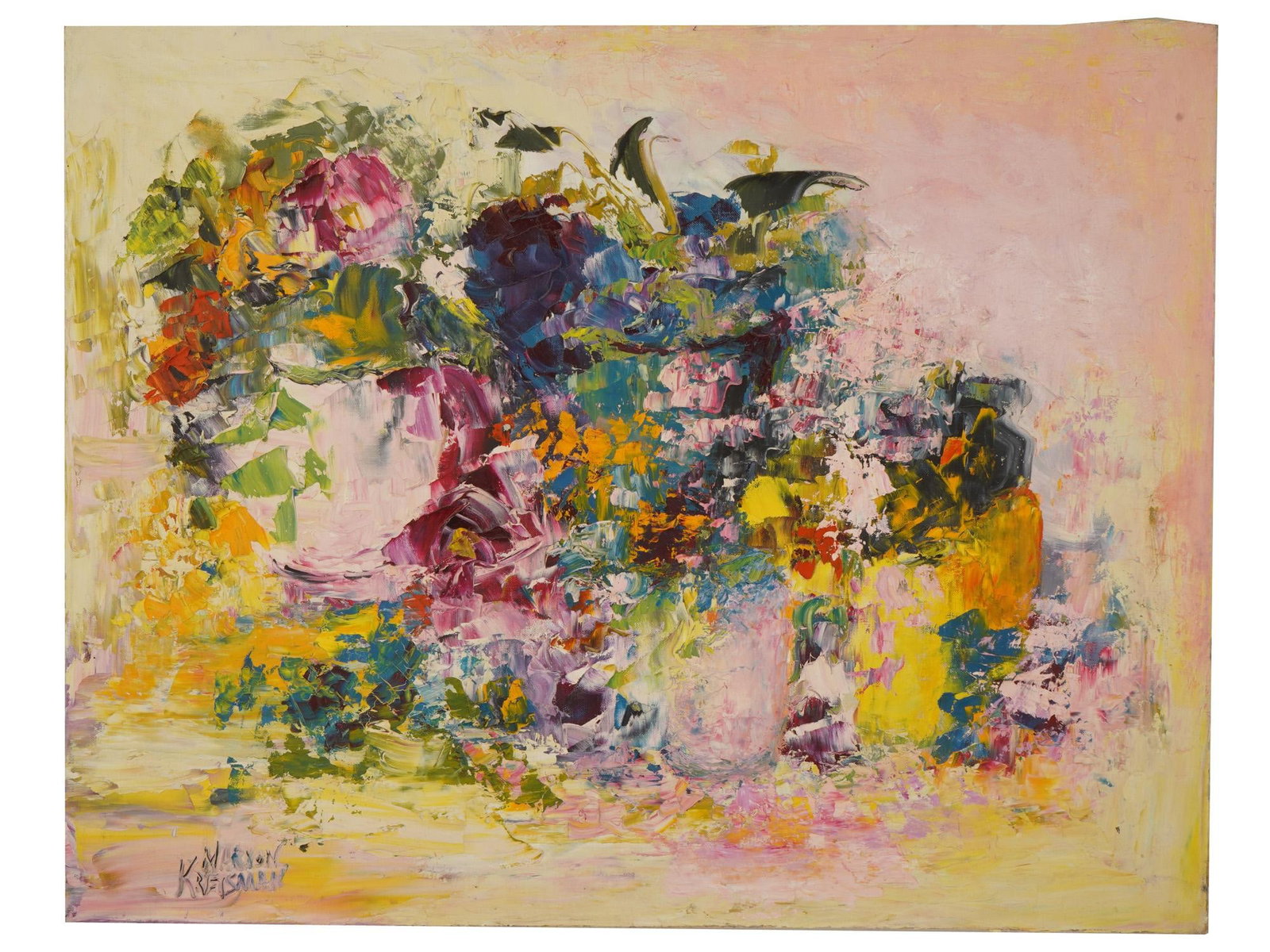 MARIAM KREISMAN AMERICAN FLORAL OIL PAINTING: Mariam Kreisman, American, 20th century, oil painting on canvas. Delicate floral composition executed with the use of palette knife. Titled Pink Mist. Signed lower left. Undated. Unframed. Collectible