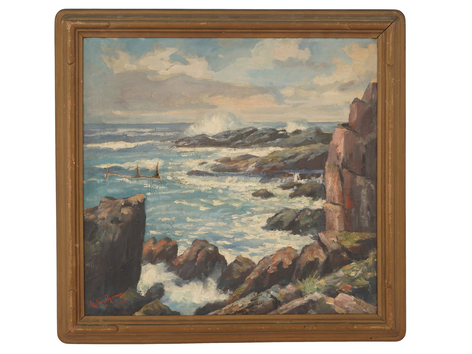 WWII ERA SCANDINAVIAN SEASCAPE OIL PAINTING SIGNED: Oil painting on canvas. Scandinavian origin. View of sea cliffs. Signed 'Erling' with illegible surname and dated 1944 lower left. Framed. The canvas is damaged. Collectible Fine Art, Figurative Paint