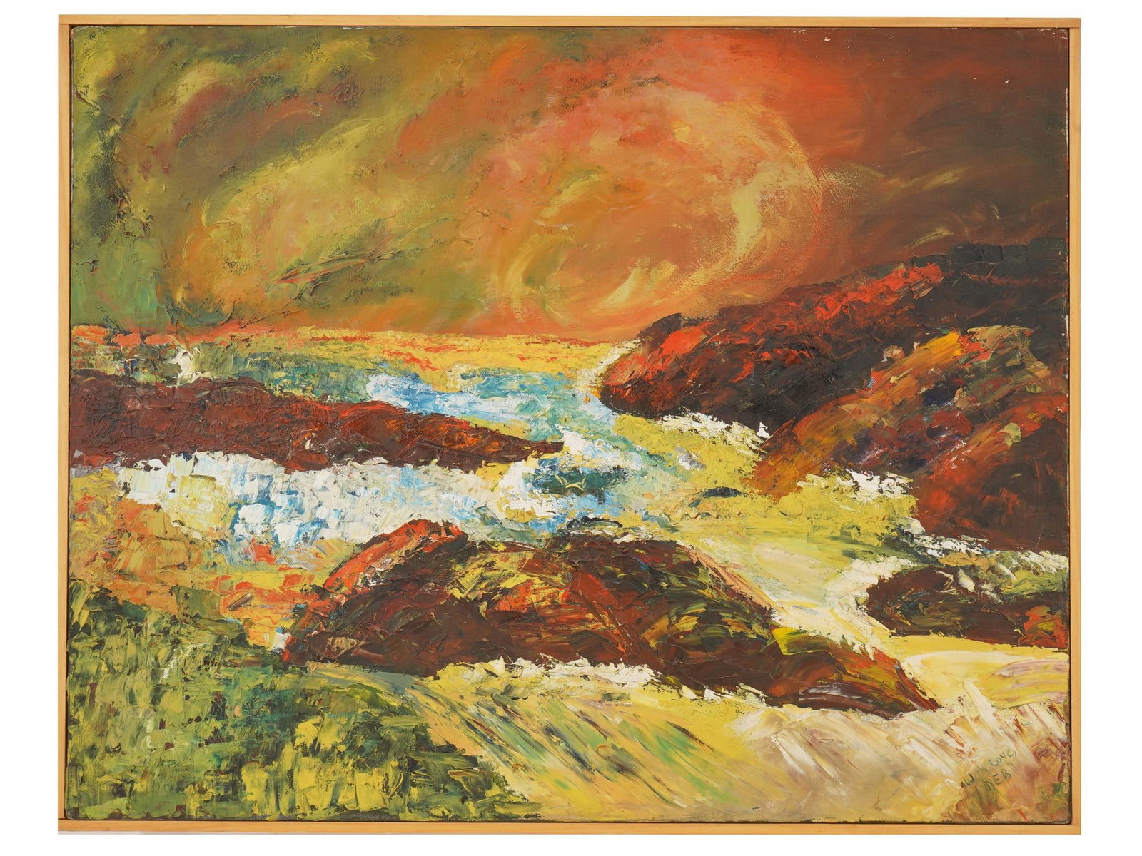 SIGNED NEB OIL EXPRESSIONIST LANDSCAPE PAINTING: A vintage oil on canvas expressionist landscape painting. The painting executed in impasto technique, depicts a dramatic seashore with waves crashing against rocky reefs under a fiery, stormy sky. Sig