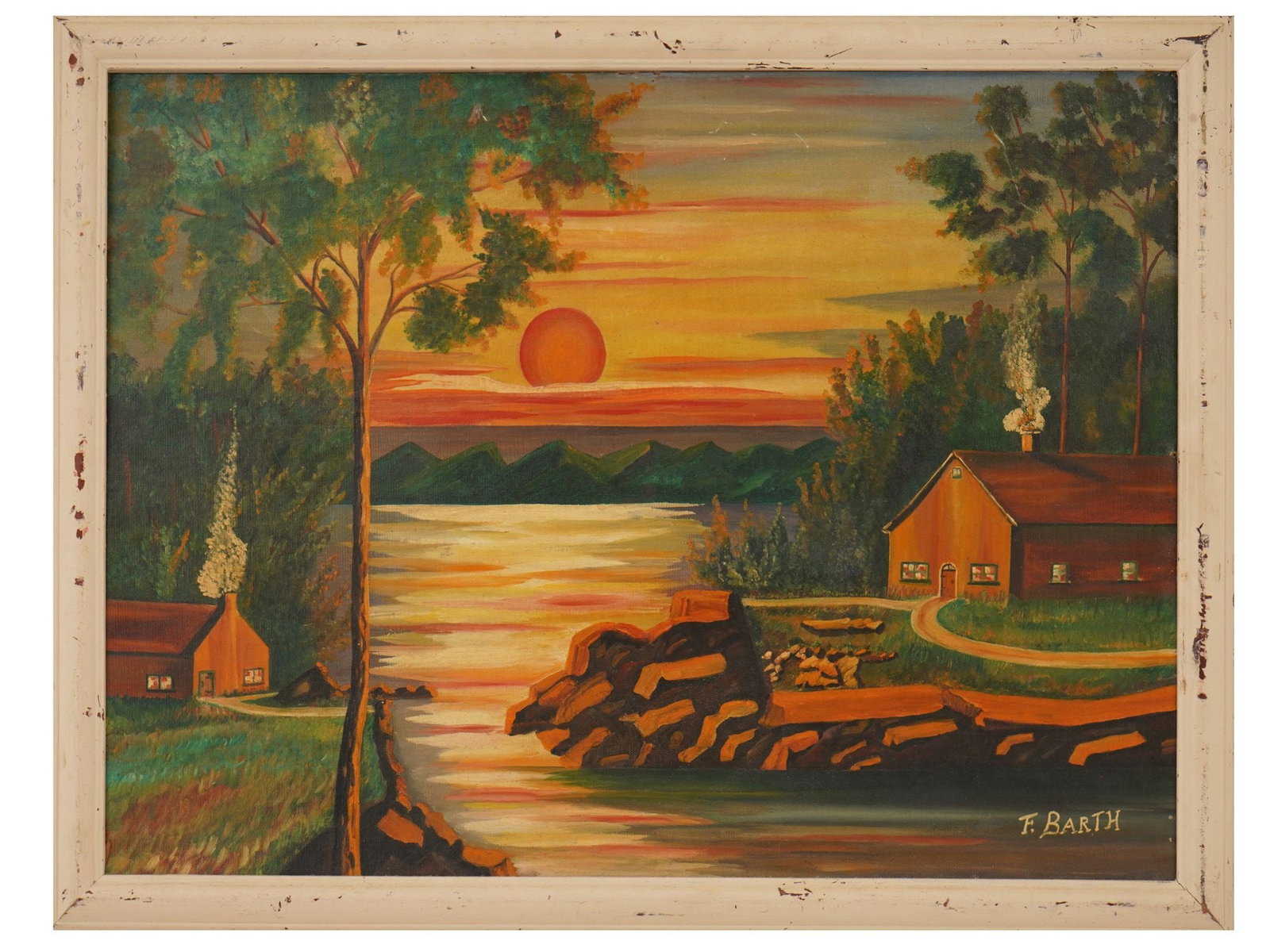 VINTAGE OIL FOLK ART LANDSCAPE PAINTING BY F BARTH (1 of 4)