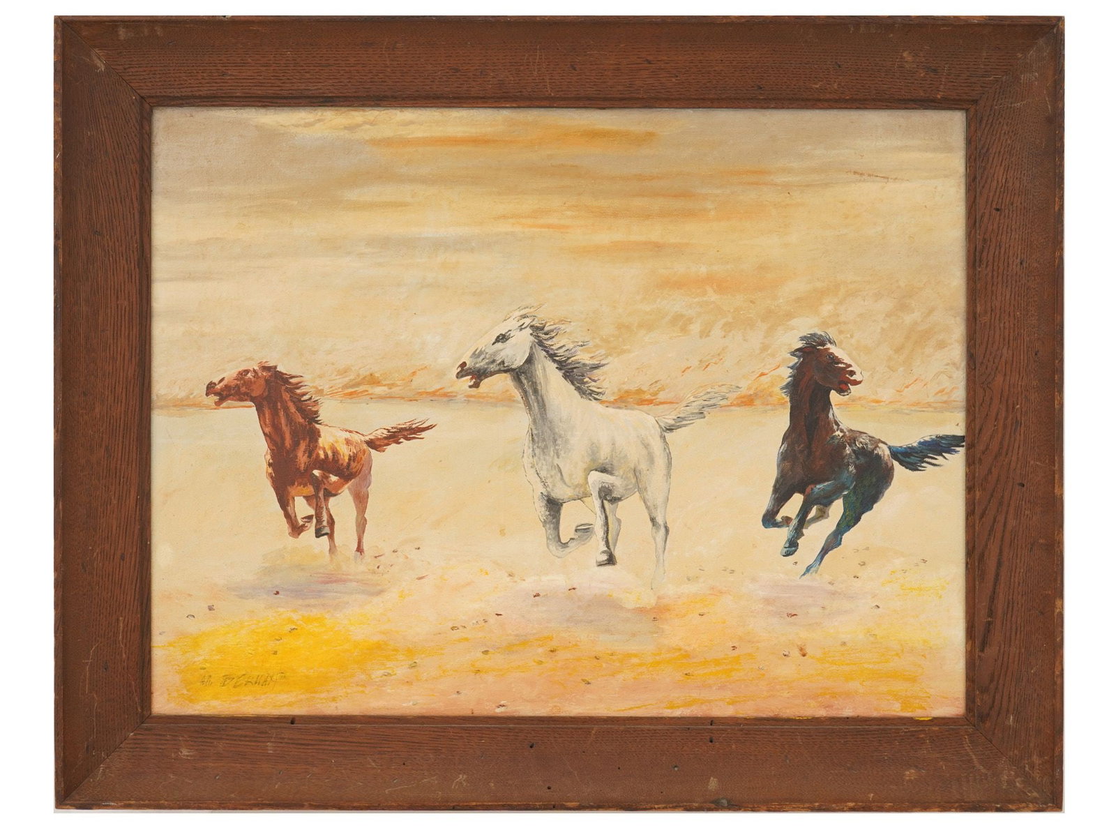 AFTER AUGUST ALBO VINTAGE OIL EQUESTRIAN PAINTING: A vintage oil on canvas equestrian painting after original artwork titled Free As The Wind by Estonian artist August Albo 1893 to 1963. The painting depicts three horses - a chestnut, a white, and a d