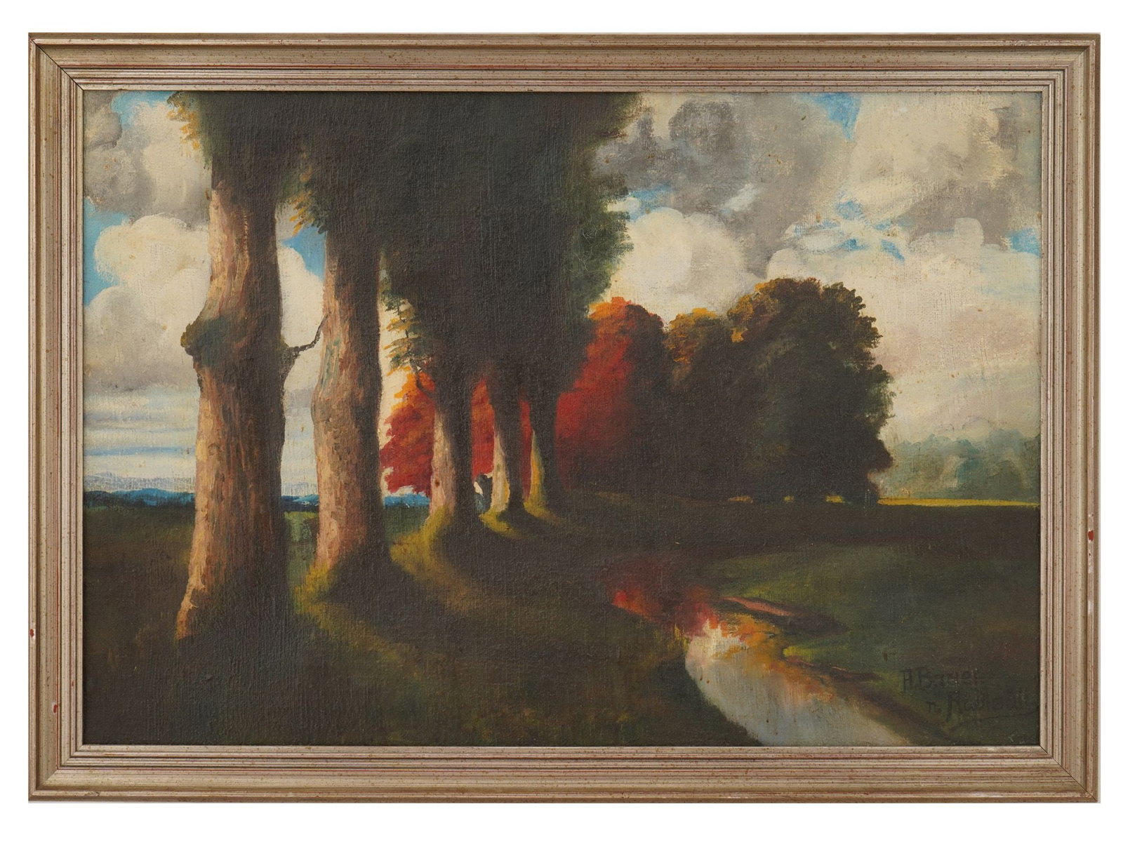 ATTR HERMANN RUDISUHLI ANTIQUE OIL LANDSCAPE PAINTING: An antique oil on canvas painting attributed to Swiss artist Hermann Rudisuhli, 1864 to 1944. The painting presents an atmospheric landscape featuring a row of tall trees and vibrant autumn foliage se