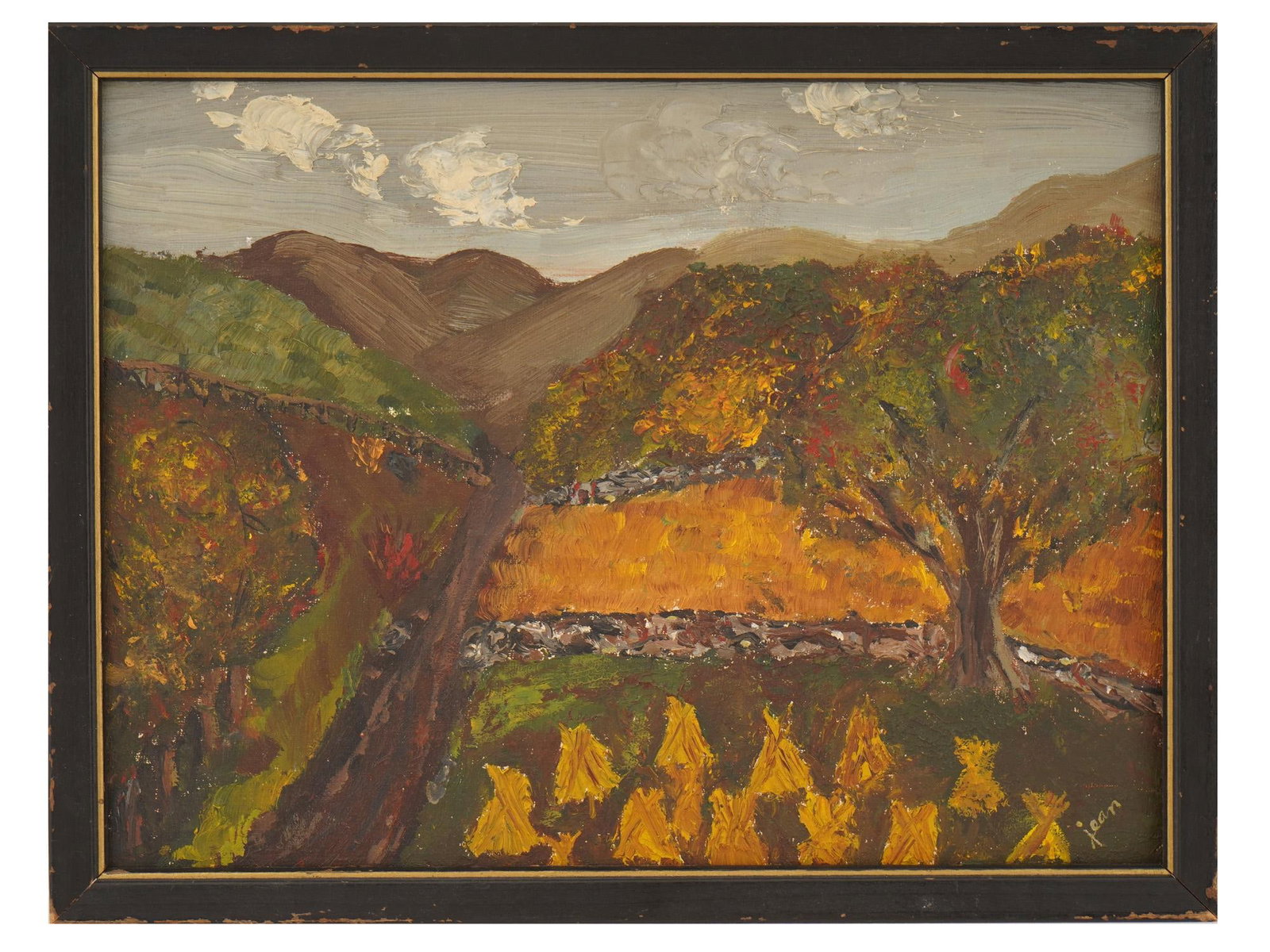 MID CENT PAINTING AUTUMN HARVEST SCENE SIGNED JEAN (1 of 4)