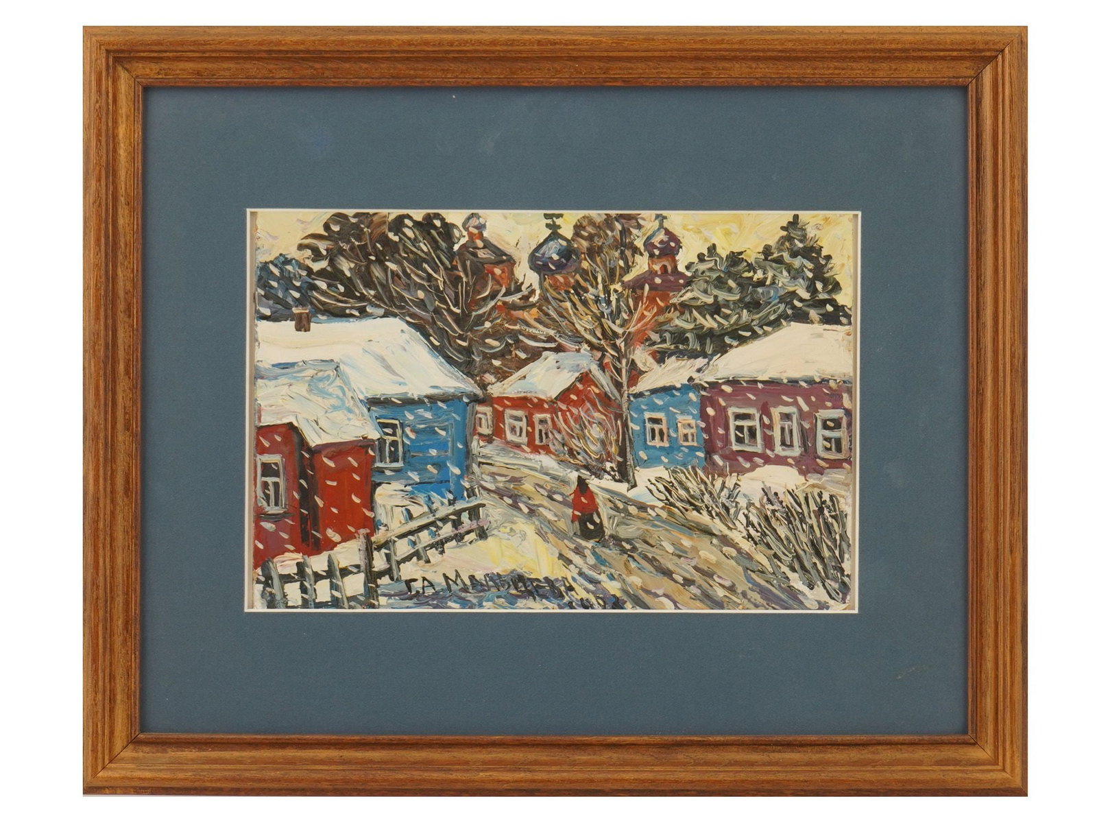 GALINA MALTSEVA RUSSIAN LANDSCAPE OIL PAINTING: Galina Maltseva, Russian, 1940 to 1997, oil painting on canvas. Landscape view of a Russian town with old one-story houses and a church during winter. Naive pictorial manner. The use of impasto techni