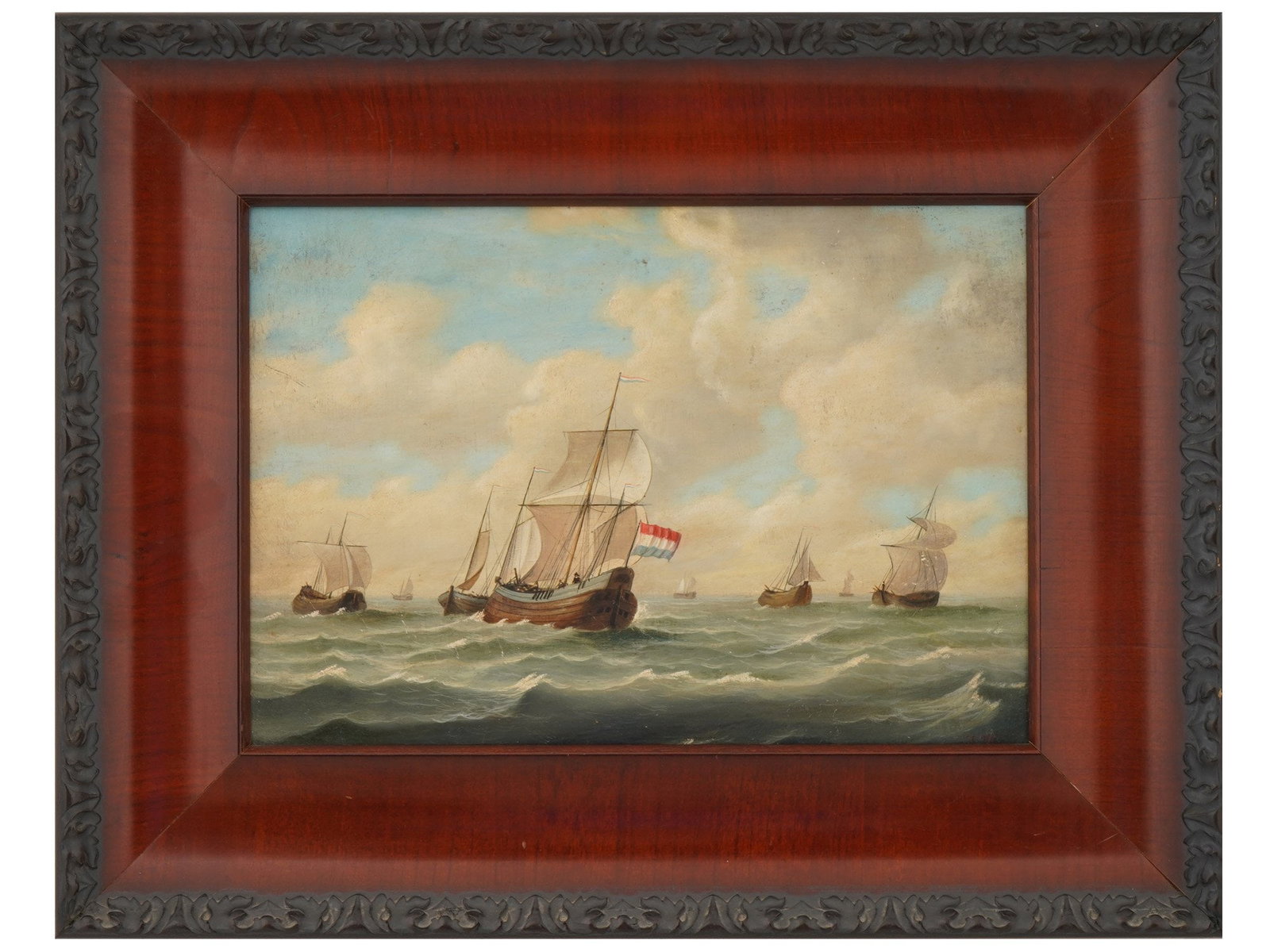 AFTER ADAM SILO DUTCH SEASCAPE OIL PAINTING: After Adam Silo, Dutch, 1674 to 1760, oil painting on board. After the ca. 1730s artwork titled Sailing Vessels, now in the collection of the State Hermitage, Saint Petersburg, Russia. The piece depic