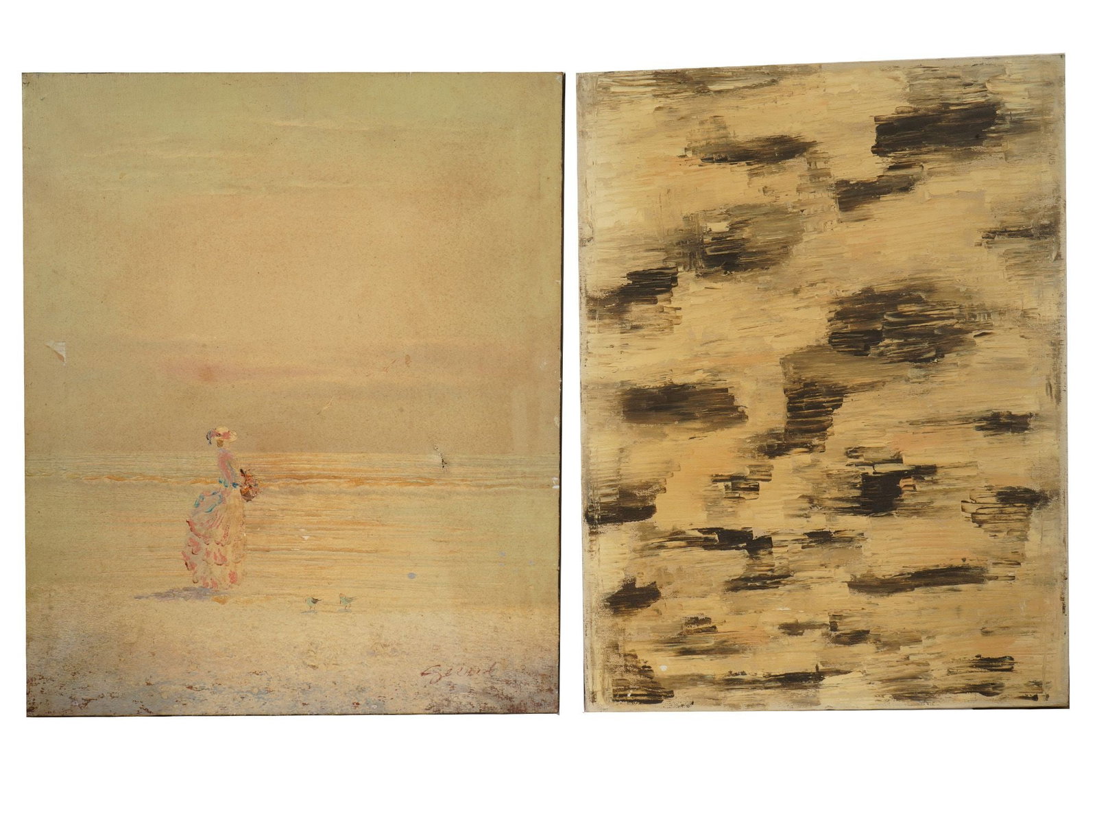 LOT OF TWO COASTAL SCENE AND ABSTRACT OIL PAINTINGS: A lot of two oil paintings on canvas. The first: a picturesque coastal seascape scene with a woman strolling along the sandy shore. The artists signature appears in the lower right corner. The second: