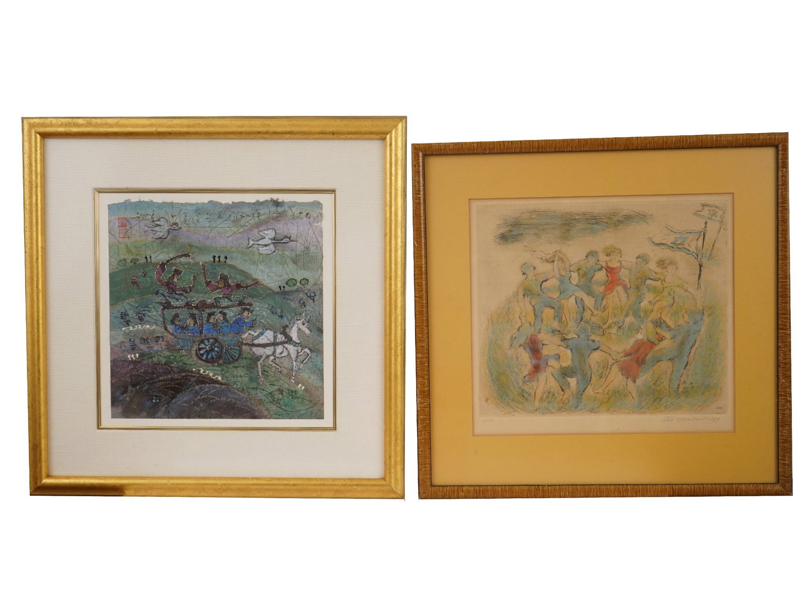 LOT ETCHING BY MOSKOWITZ CHINESE INK WASH PAINTING: A lot of two artworks. The first: a limited edition colored etching on paper, Dancing Group by Ira Moskowitz, 1912 to 2001, a prominent Polish American painter, printmaker, and draftsman known for his