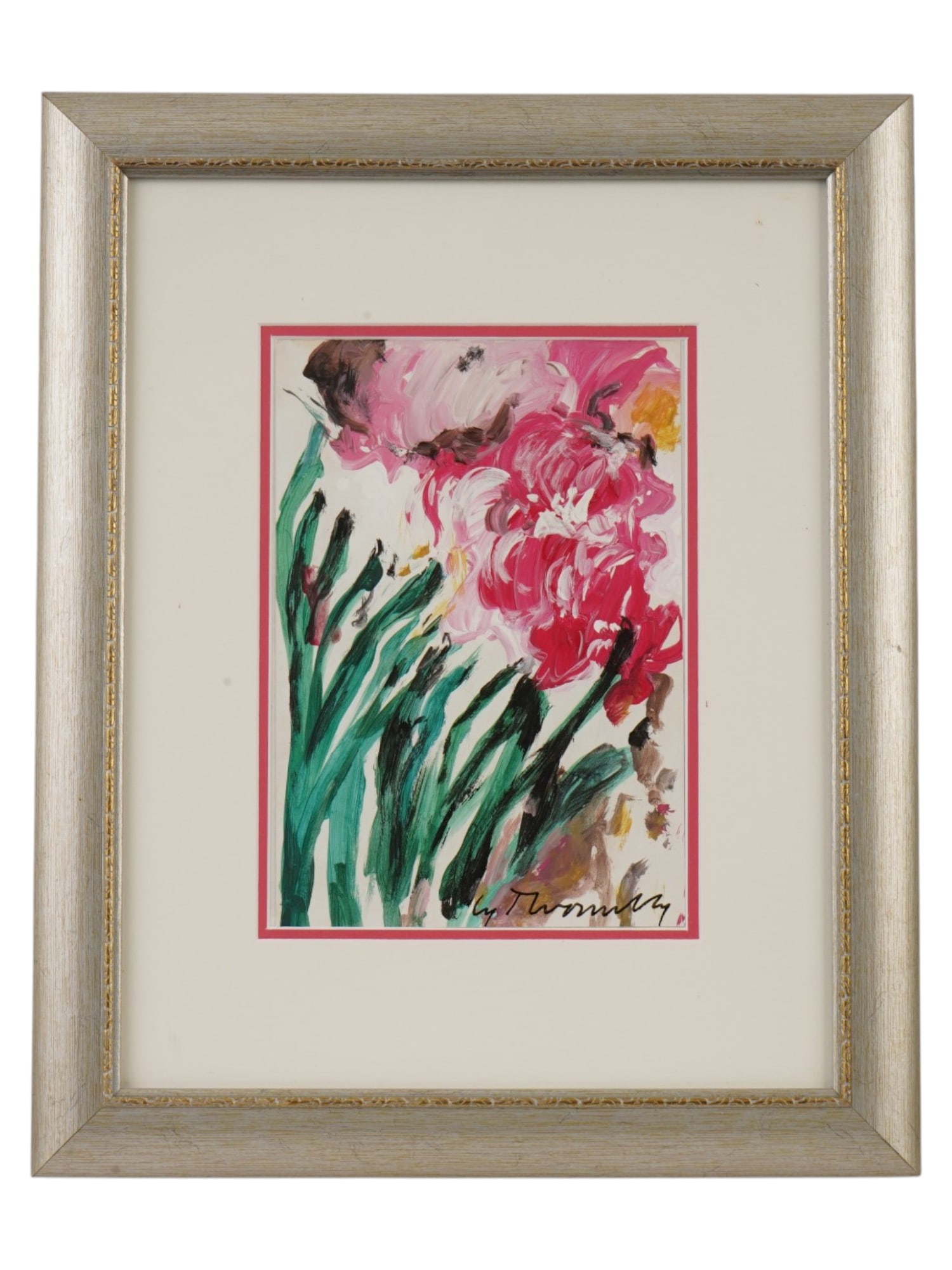 AMERICAN ABSTRACT OIL PAINTING SIGNED CY TWOMBLY: An abstract expressionist oil painting signed Cy Twombly, American, 1928 to 2011. Features blossoms rendered in vibrant shades of pink, magenta, and white above energetic green stems. Signed lower rig