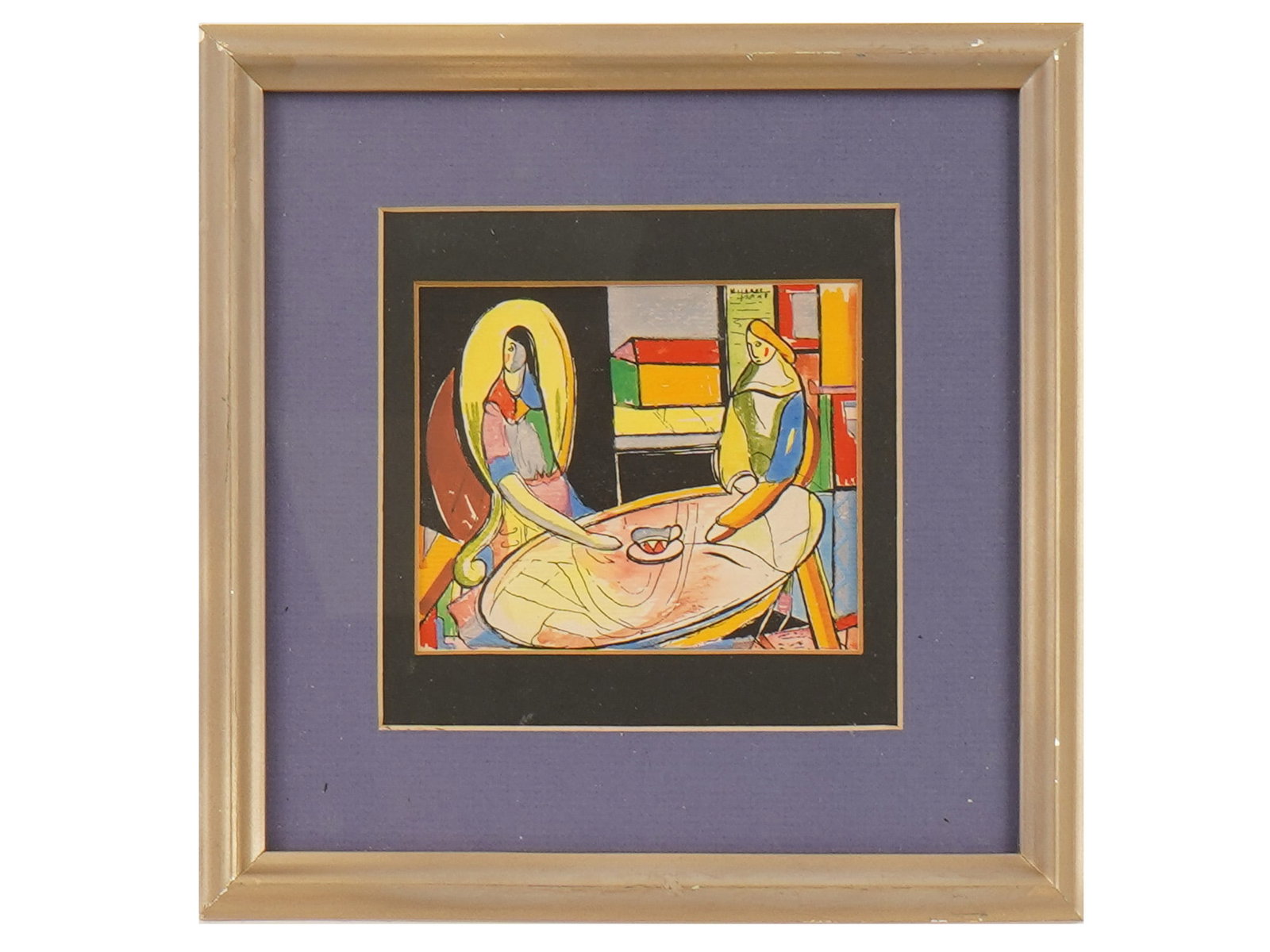 ATTR TO JOSE MARIE MIJARES CUBAN MIXED MEDIA PAINTING: Attributed to Jose Marie Mijares Fernandez, Cuban, American, 1921 to 2004, a mixed media painting on board depicting a Figurative genre scene with two female figures. Signed and probably dated, upper 