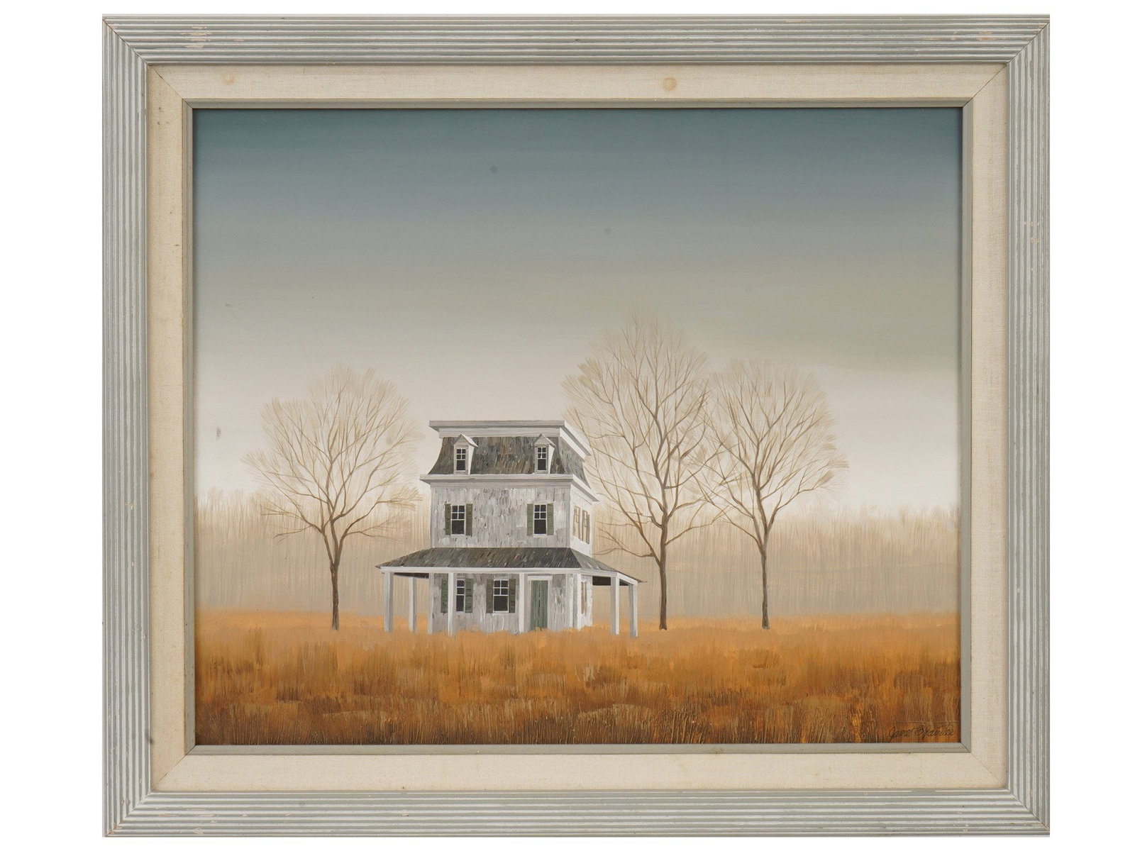 MID CENTURY PAINTING SIGNED JAMES B. PAINTER LANDSCAPE: A mid-century American oil painting on canvas depicting a solitary Victorian house in a rural landscape. The composition features a weathered residence surrounded by open fields and bare trees beneath