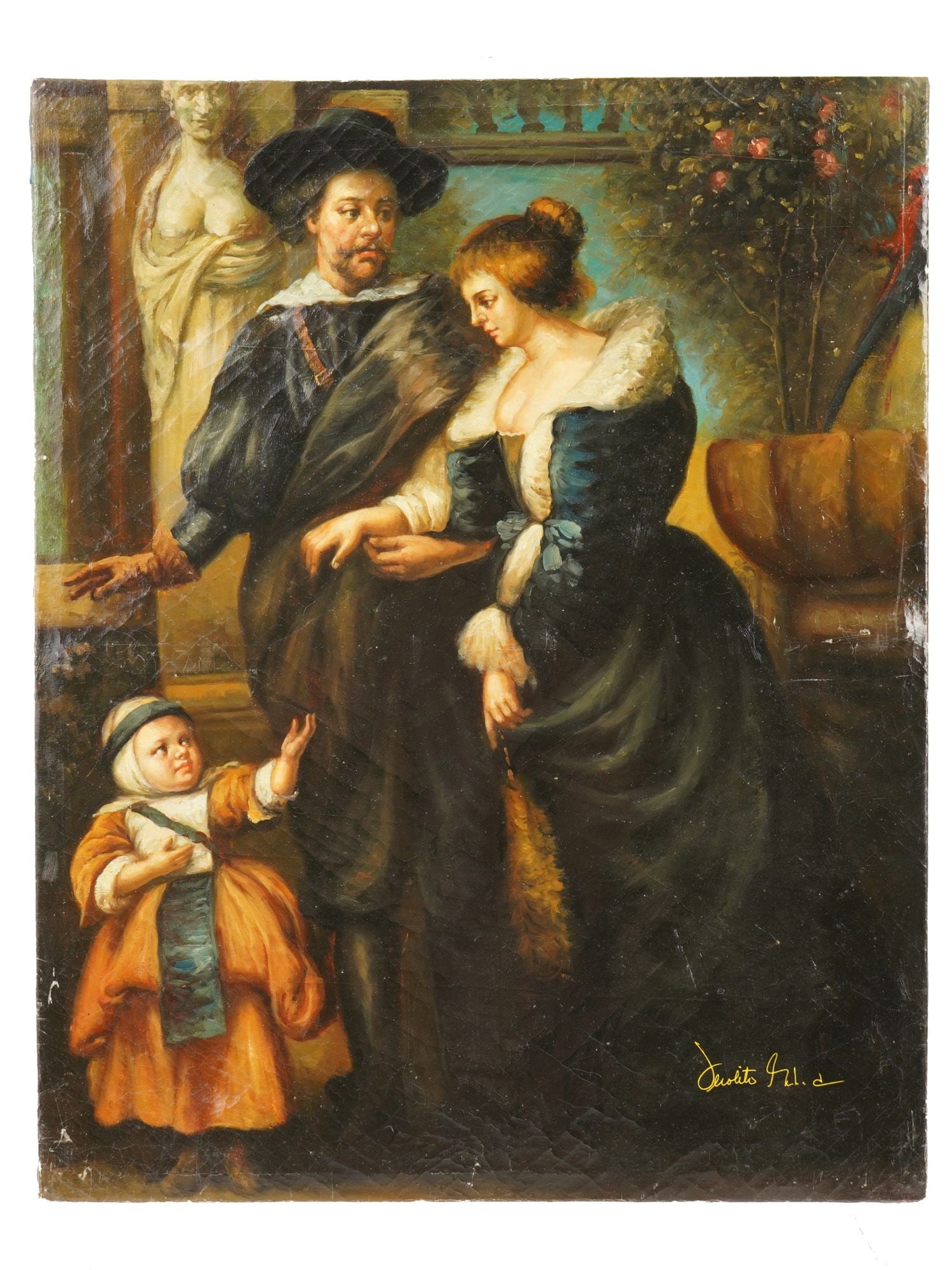AFTER PETER PAUL RUBENS OIL PAINTING FAMILY PORTRAIT: An oil on canvas painting after the original painting 1635 artwork, Rubens, Helena Fourment, and Their Son Frans by Peter Paul Rubens, 1577 to 1640, a Flemish Baroque painter. The artist, his wife Hel