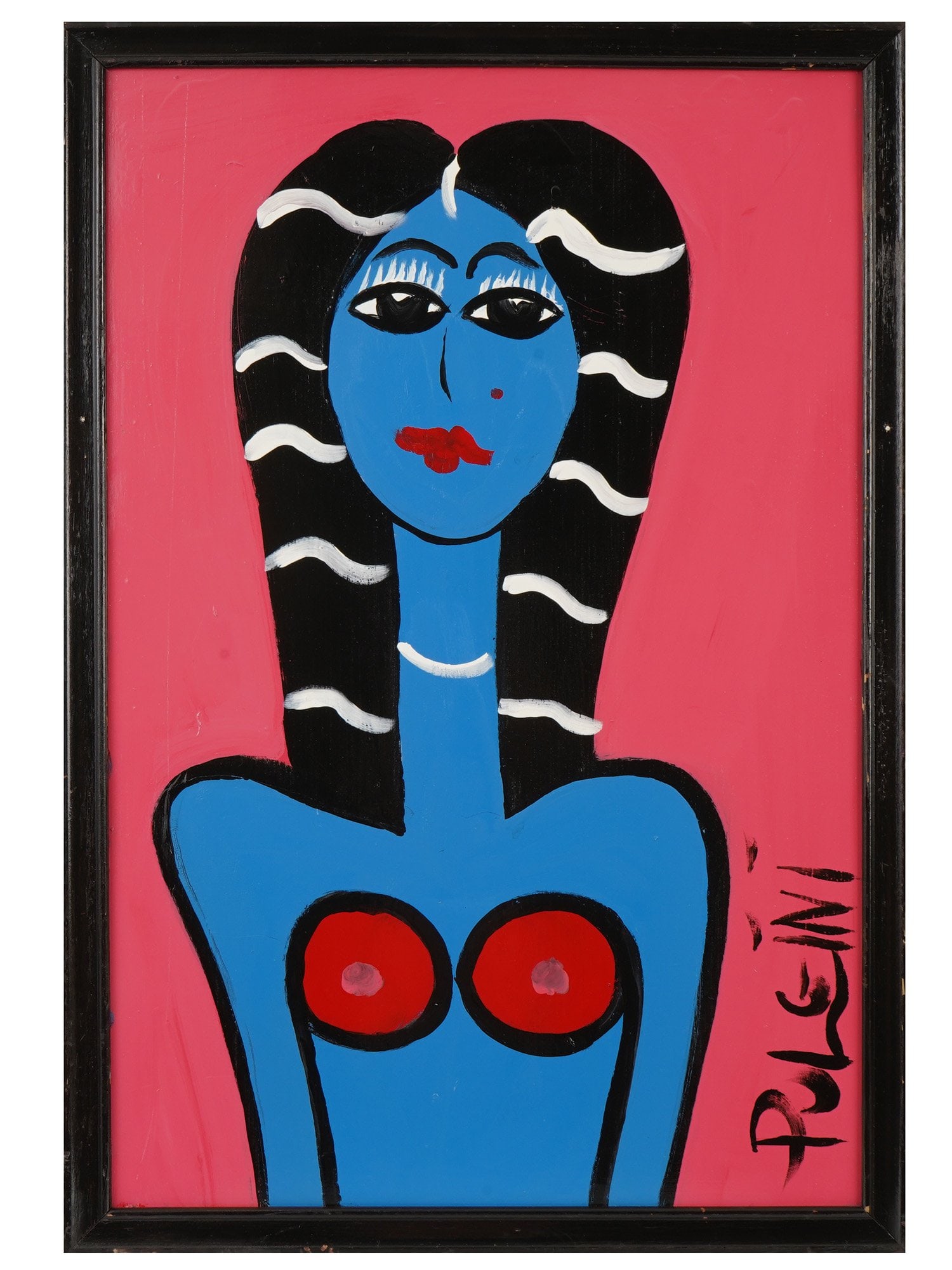 AMERICAN NUDE PORTRAIT OIL PAINTING BY THOMAS PULGINI: Thomas Pulgini, American, born 1965, oil painting on board depicting a portrait of a nude woman. Signed lower right. Framed. Thomas Pulgini is known for Pop art painting, female nudes. Thomas Pulgini,