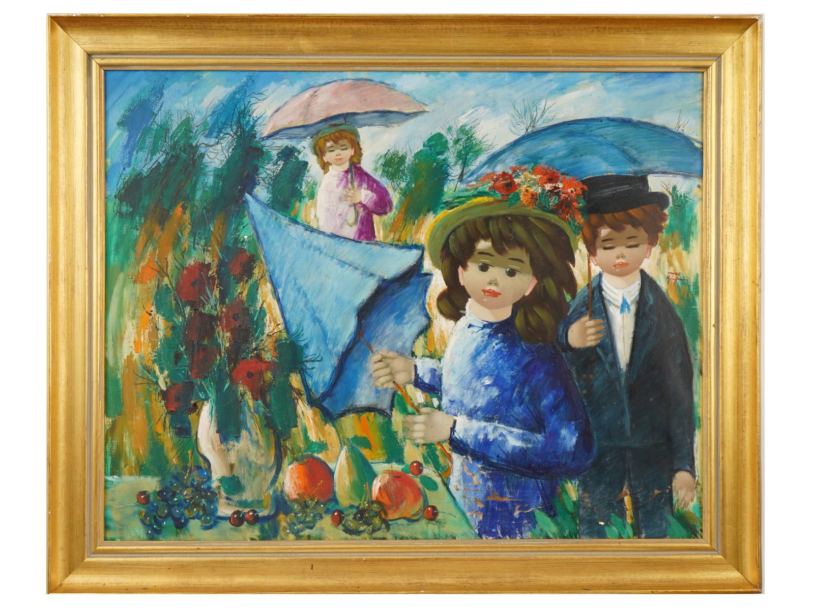 ATTR TO NINO GIUFFRIDA ITALIAN KIDS OIL PAINTING: Attributed to Nino Giuffrida, Italian, 1924 to 2015, oil painting on canvas depicting a scene with children with umbrellas in a landscape. Framed. Nino Giuffrida is an Italian painter born in 1924 in 