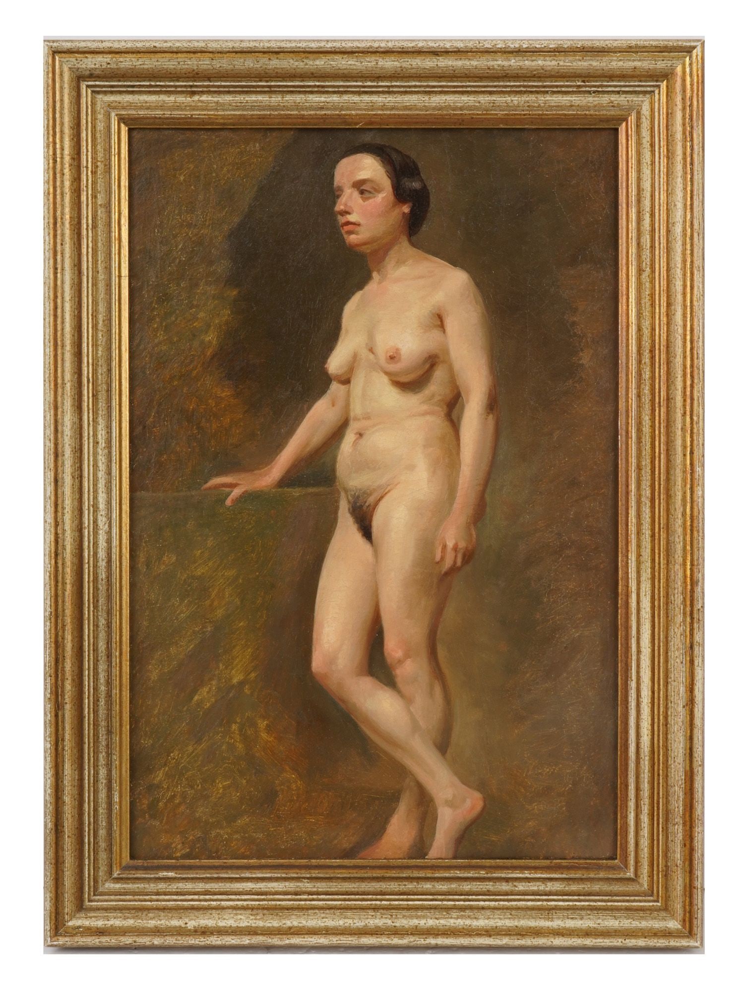 AMERICAN SCHOOL PAINTING CLASSICAL FEMALE NUDE: An oil on canvas painting depicting a classical female nude, rendered as an artists studio study. The composition reflects the academic traditions of late 19th- to early 20th-century American art, emp