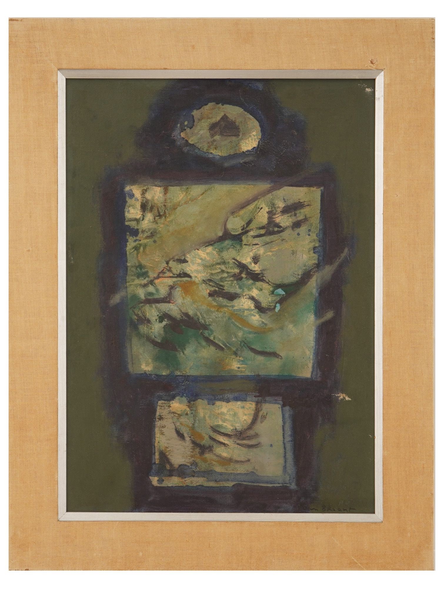 MID CENT FRENCH ABSTRACT PAINTING BY JEAN BREANT: Jean Breant, French, 1922 to 1984, a mid-century abstract expressionist oil painting on canvas depicting a totemic, architectural composition with three stacked geometric panels outlined in bleeding m