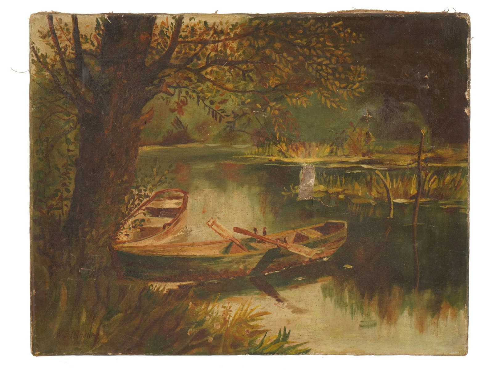 ANTIQUE 19TH C OIL LANDSCAPE PAINTING BY W.E. HAUBNER: A 19th century oil landscape painting on canvas depicting a tranquil riverside scene with two wooden rowboats moored beneath a mature tree. Signed lower left, W.E. Haubner, and dated 1870. Antique Eur