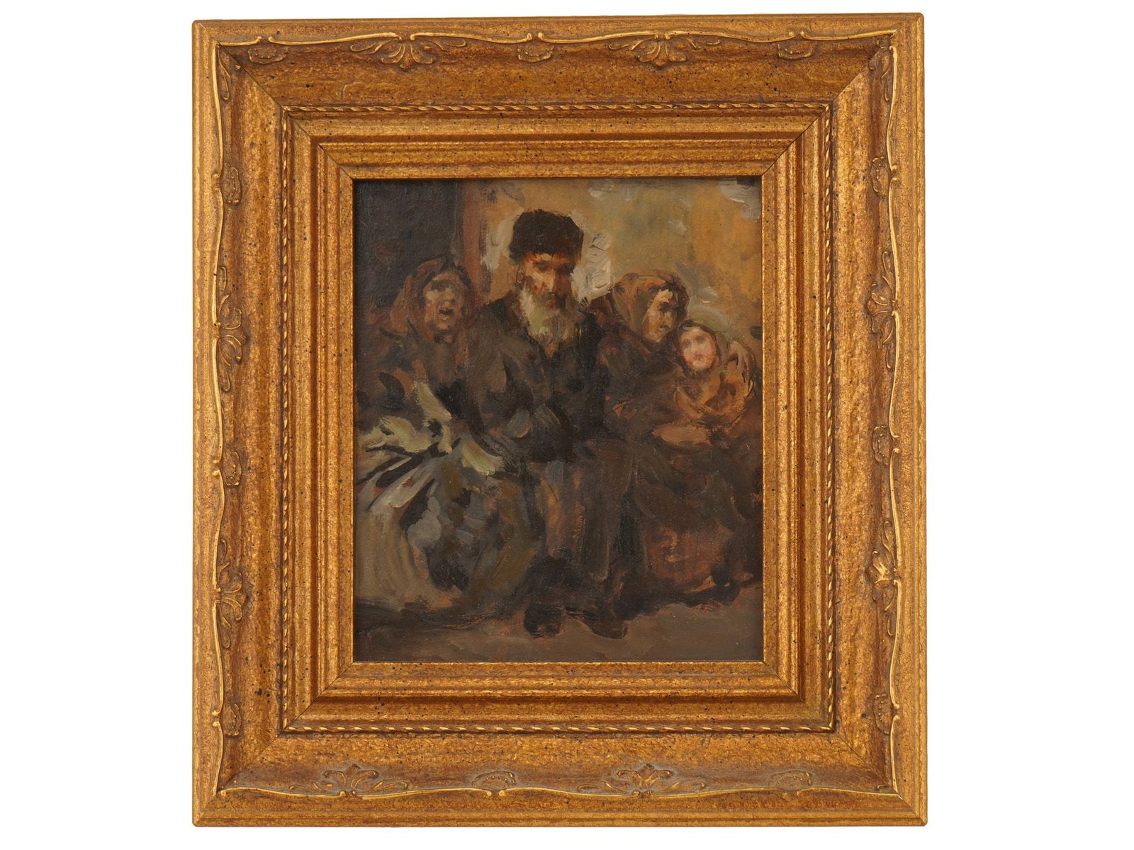 ANTIQUE EUROPEAN SCHOOL OIL GENRE PAINTING C 1900: An antique European school oil genre painting on board depicting an impressionistic scene with four figures gathered in a quiet, contemplative group. Presented in an ornate gilt wood frame. Circa the 