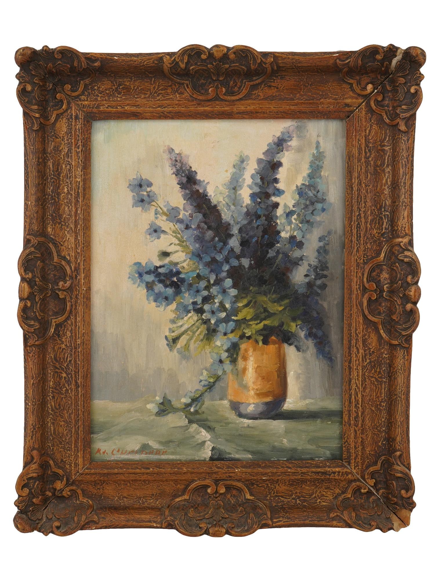ANTIQUE EUROPEAN OIL PAINTING SIGNED GHELDERE: An antique European School oil on board still life painting with blue flowers. Circa early 20th century, 1920 to 1930s. The painting depicts a vibrant bouquet of blue delphiniums arranged in a cylindr