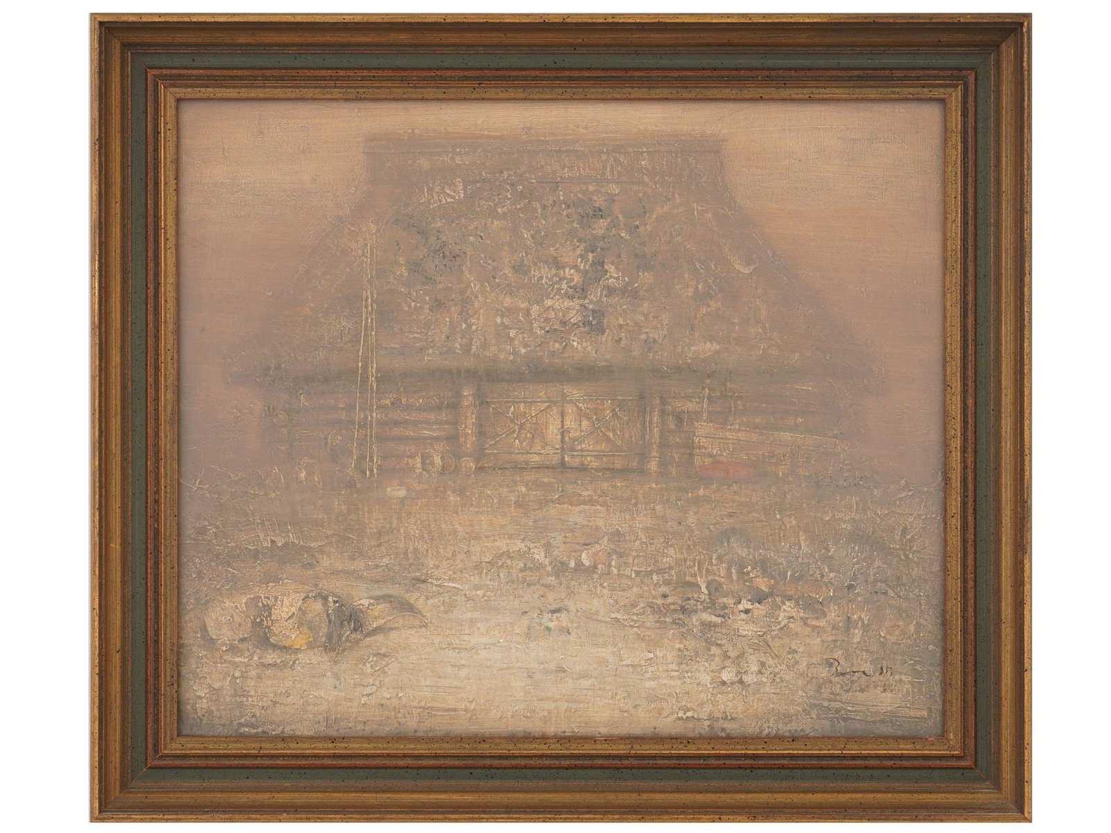 BELARUSIAN FRENCH OIL PAINTING BY BORIS ZABOROV: A vintage oil on canvas painting by Boris Abramovich Zaborov, 1935 to 2021, a Belarusian and French painter, sculptor, and graphic artist. Framed. The painting depicts a large rustic building executed