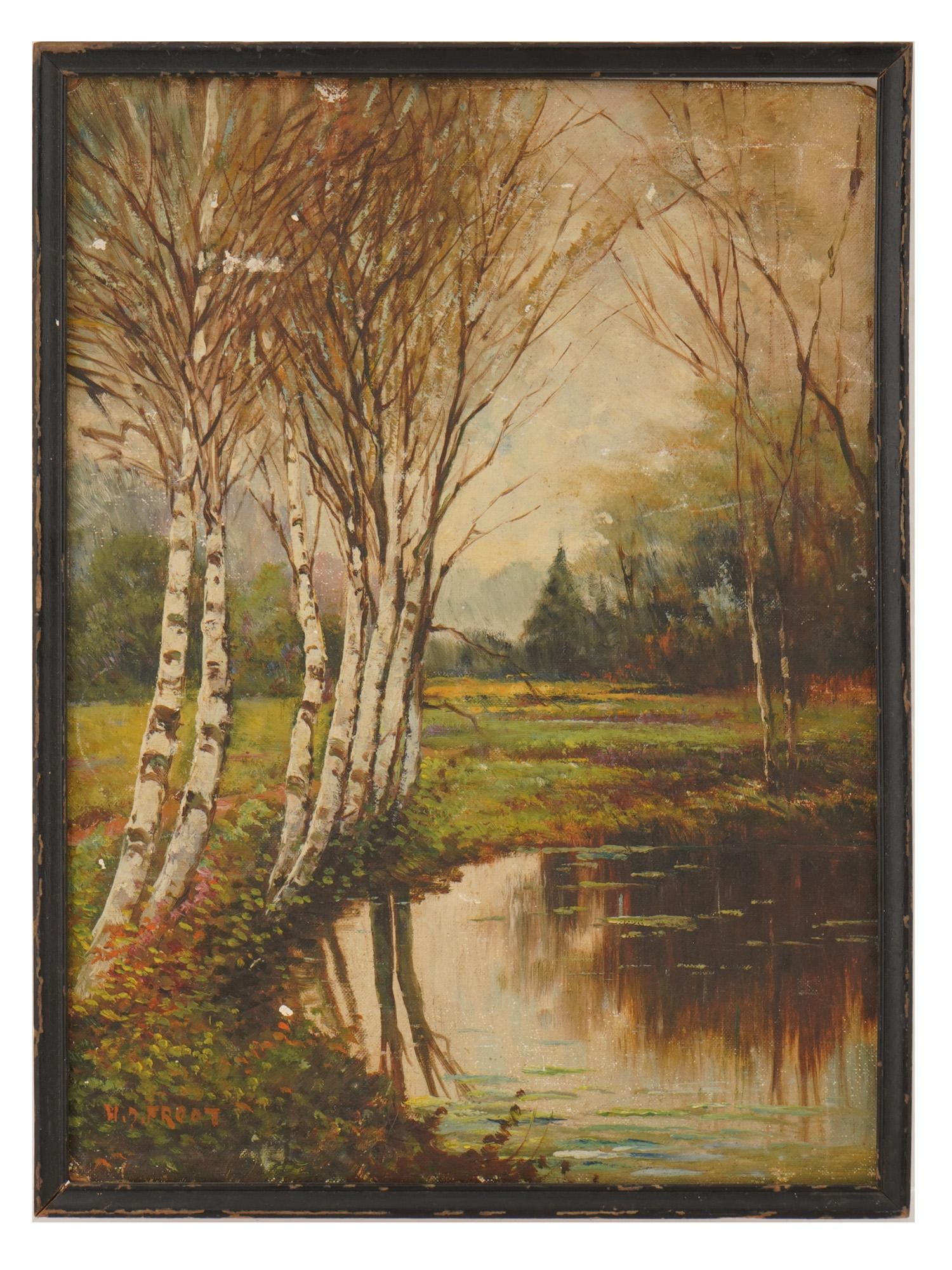 BELGIAN LANDSCAPE OIL PAINTING BY HARRY D FROOT: Harry D. Froot, Belgian, 1892 to 1952, an oil painting on masonite board depicting a forest landscape. Signed lower left. Framed. Harry D. Froot was a Belgian artist active from the late 19th to the m