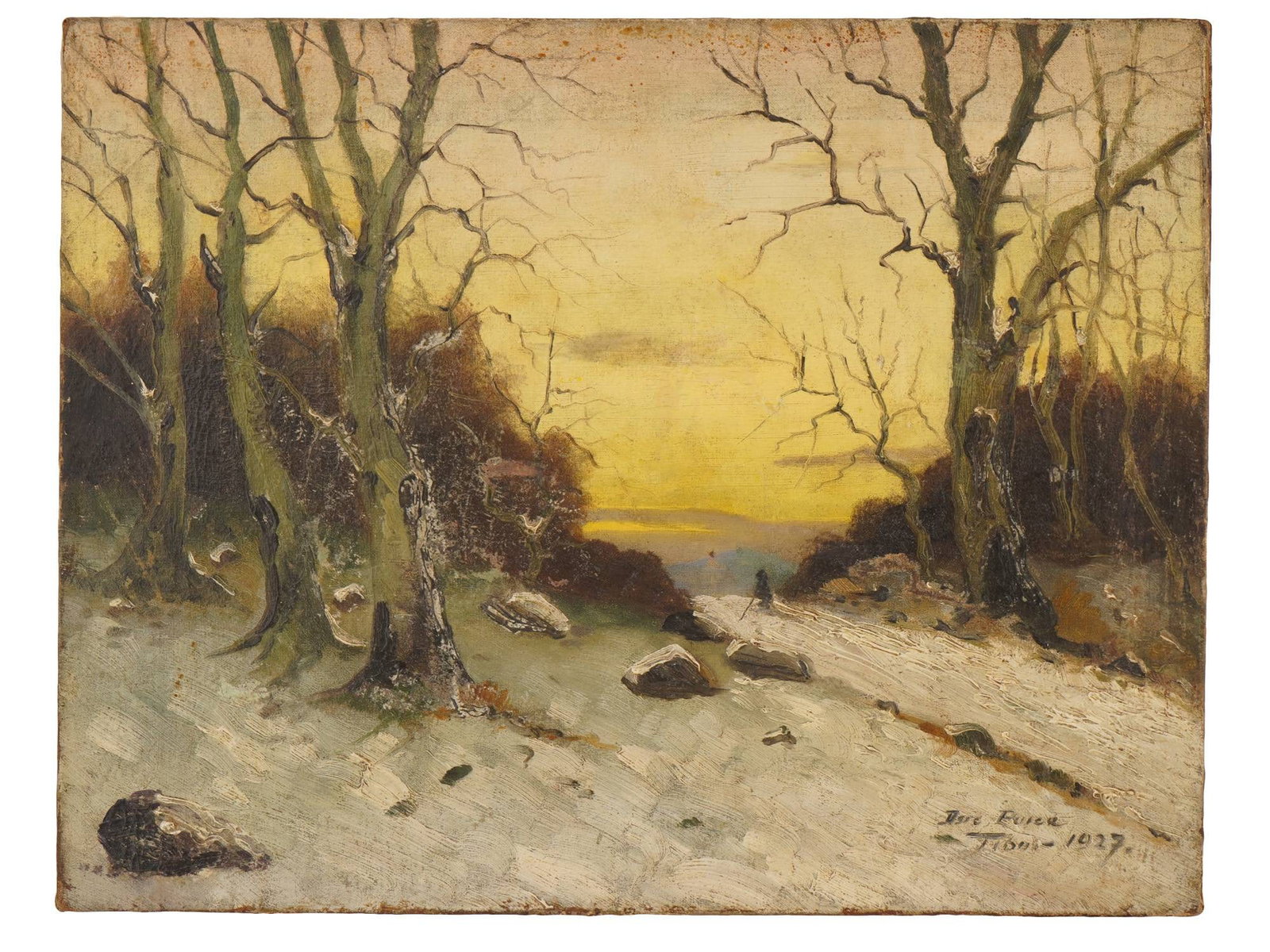 ERNO TIBOR HUNGARIAN LANDSCAPE OIL PAINTING 1927: Erno Tibor, Hungarian, 1885 to 1945, an oil painting on canvas depicting a forest landscape. Inscribed, signed and dated 1927, lower right. Erno Tibor was a Hungarian Impressionist and Neo Impressioni