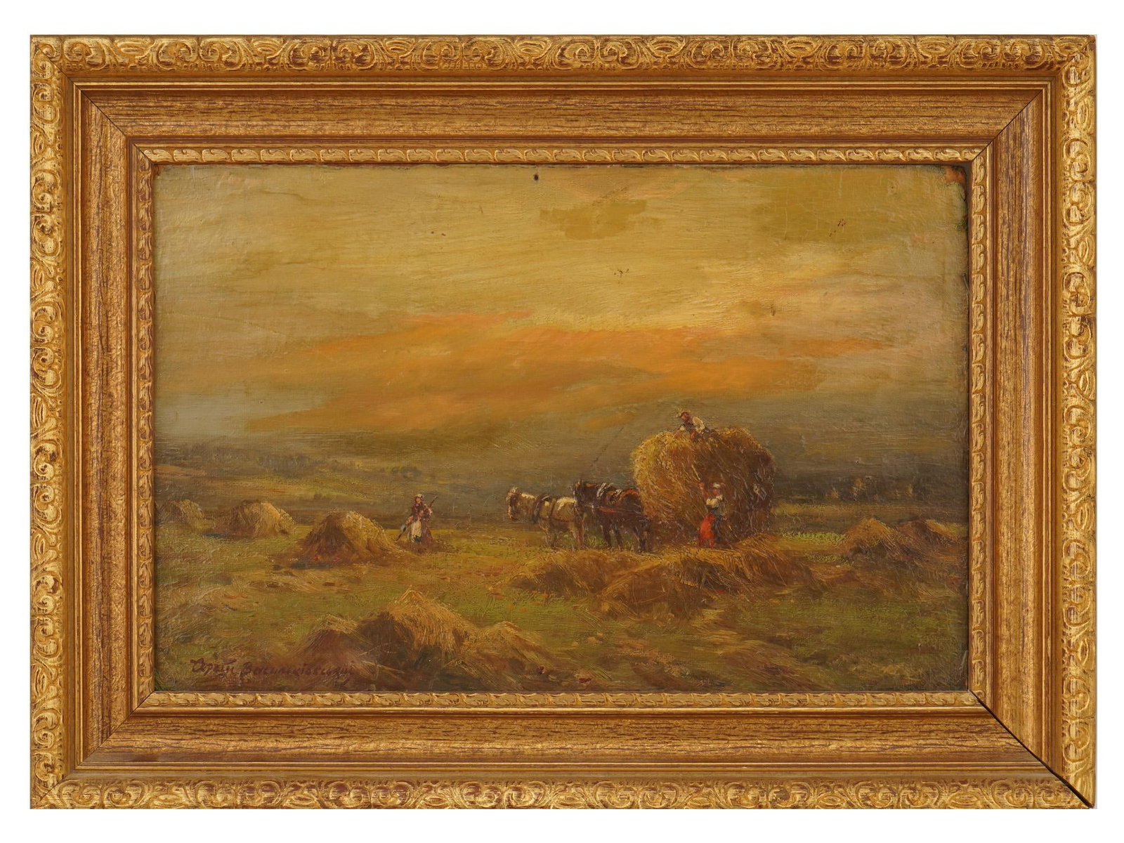 SERHII VASYLKIVSKY UKRANIAN LANDSCAPE OIL PAINTING: Serhii Vasylkivsky, Ukranian, 1854 to 1917, oil painting on board. Landscape scene of peasants collecting haystacks. Signed lower left. Undated. Framed. Serhii Vasylkivsky was one of the most prolific