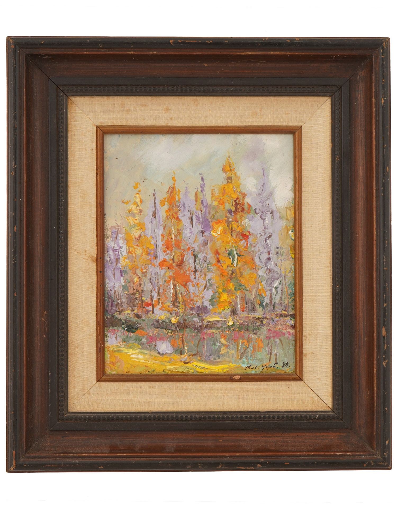 CONTEMPORARY LANDSCAPE OIL PAINTING BY MIKHAIL UFBERG: Mikhail Ufberg, a Contemporary Russian Soviet Era born artist, an oil painting on masonite board depicting a forest landscape. Signed and dated 80, lower right. Framed. Additionally inscribed with the