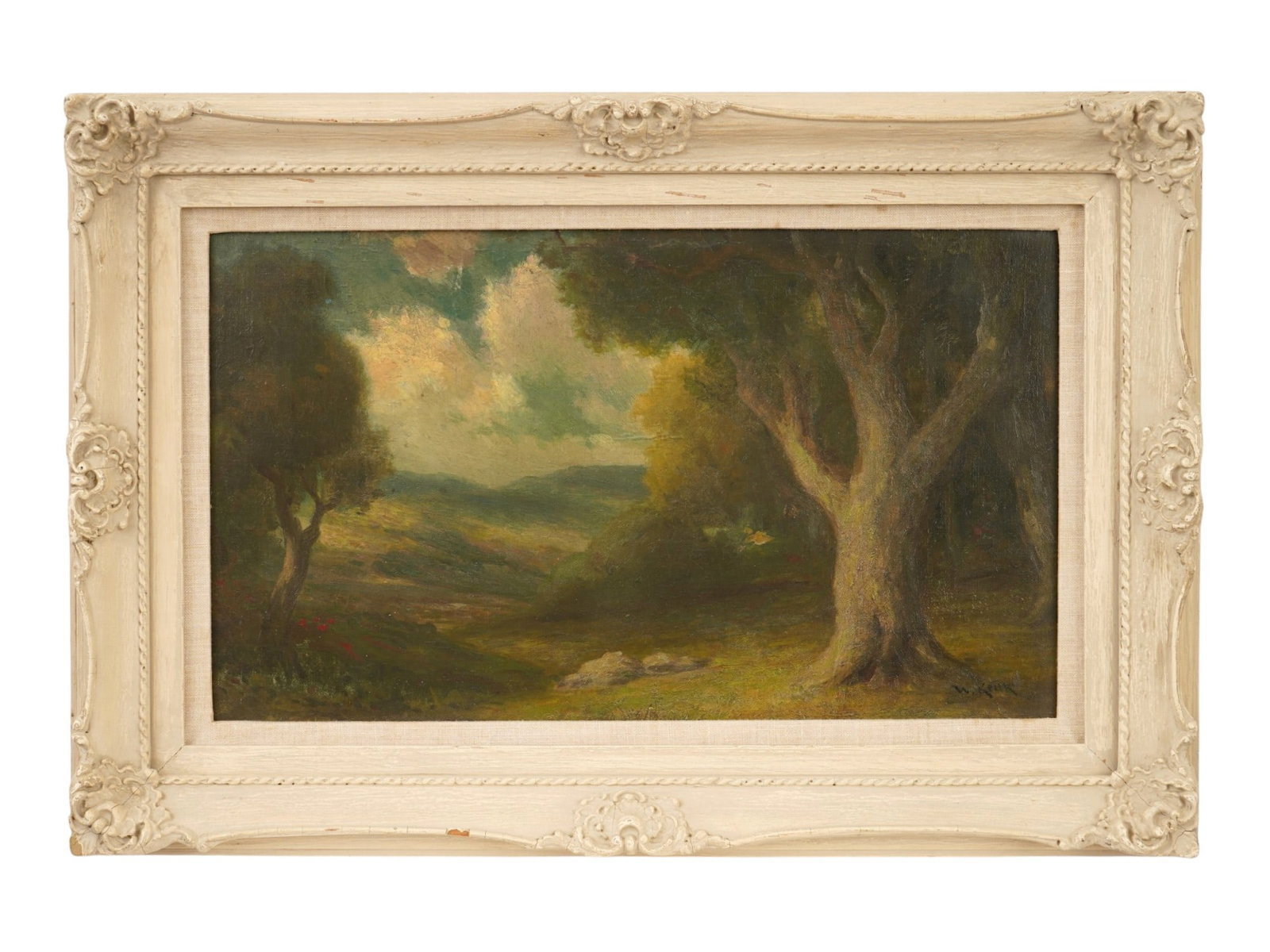 CALIFORNIA LANDSCAPE, C.1890, OIL ON BOARD, WILLIAM KEITH: Beautiful tonalist landscape oil painting on board depicting Northern California oaks by Scottish-American painter William Keith (1838-1911). Signed lower left. In very good condition. Framed with a f