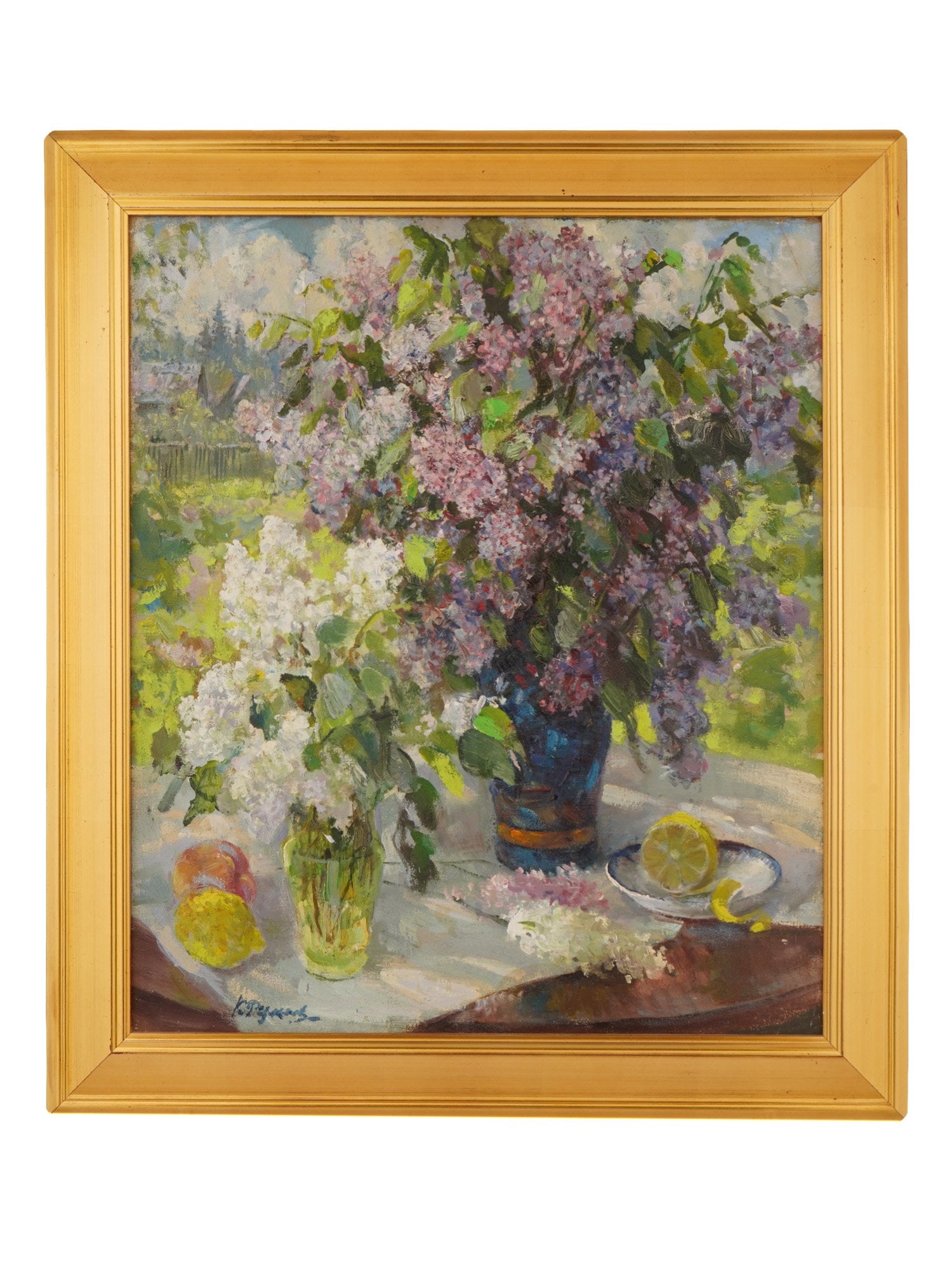 KAPITOLINA RUMYANTSEVA RUSSIAN STILL LIFE PAINTING: Kapitolina Rumyantseva, Russian, 1925 to 2002, oil painting on canvas. Still life with two bouquets of lilacs on a veranda. Titled Lilacs. Dated 1998. Signed lower left and on the backside. Framed. Ka